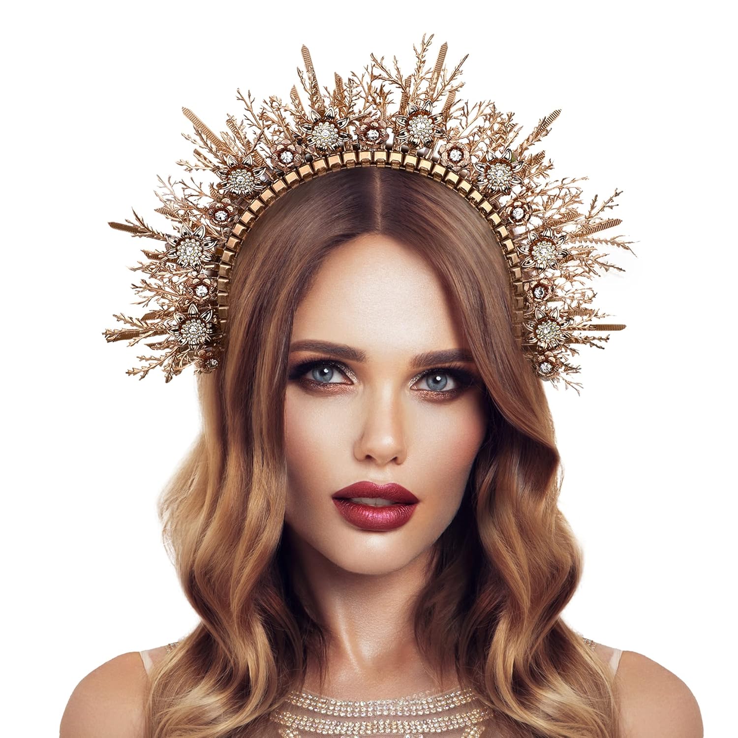 Gold Leaves Halo Crown Headpiece Woodland Goddess Zip Tie Headband for Women Princess Hair Accessory Cosplay Adult Tiara Photoshoot Props Bridal