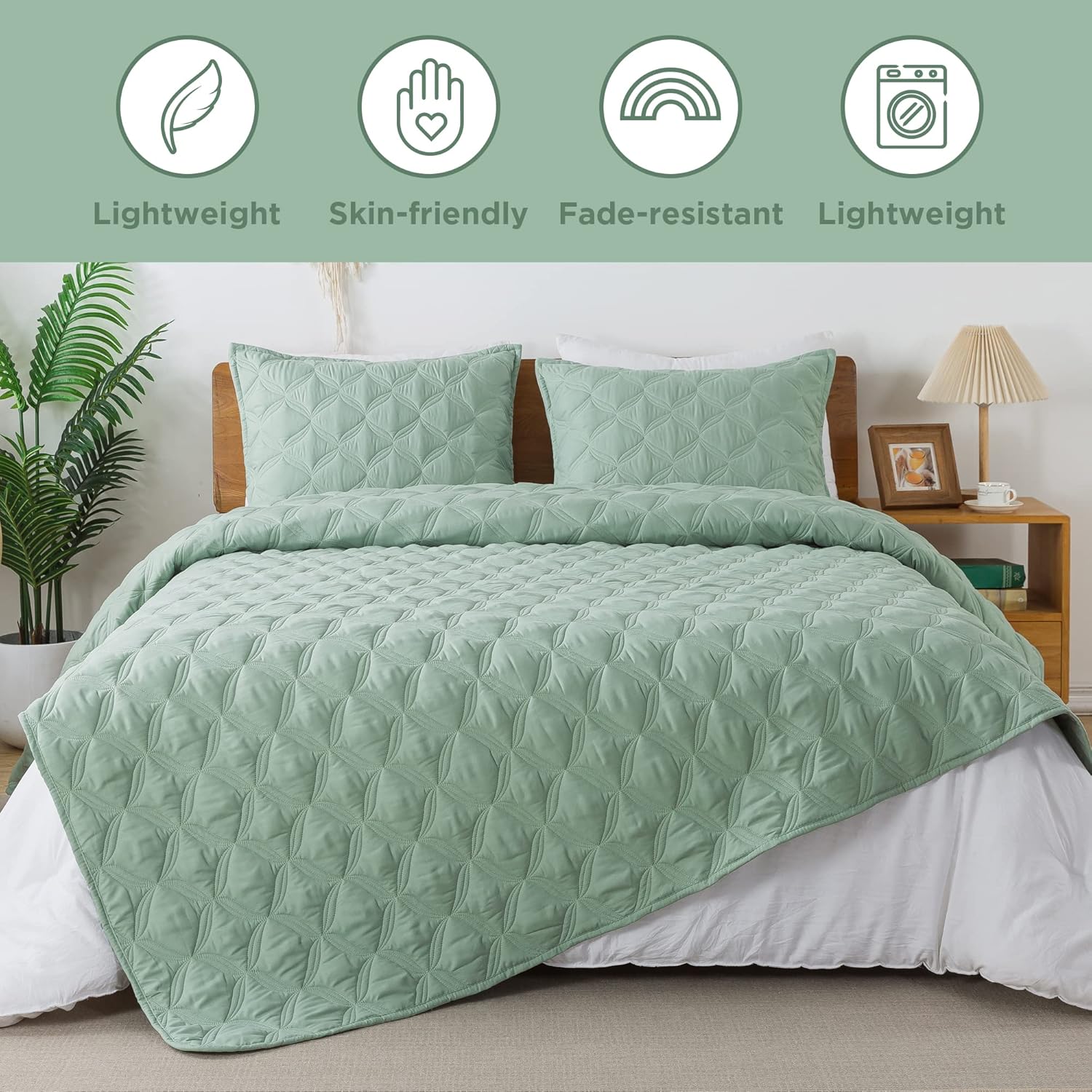 Litanika Juego de colcha extragrande de color verde salvia de 128 x 120 pulgadas, colcha ligera de verano, funda de cama bohemia de granja para