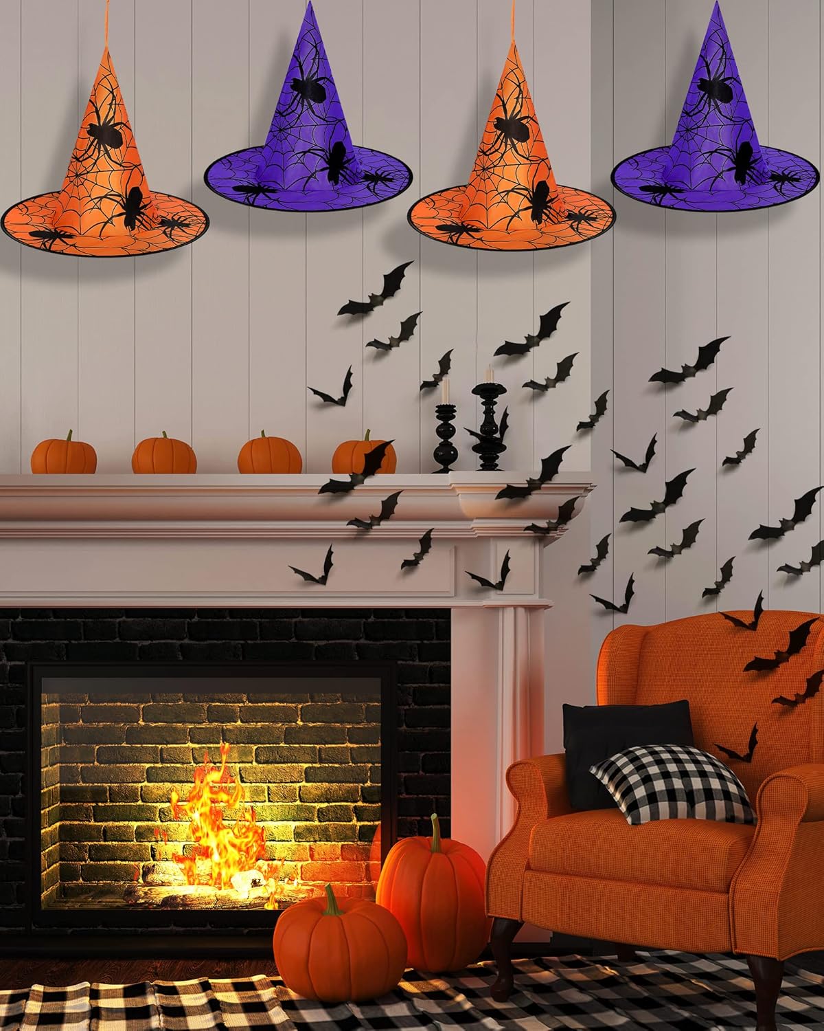 6 sombreros de bruja de Halloween con 60 calcomanías de murciélagos o arañas 3D, accesorio de disfraz de bruja para decoración de Halloween en