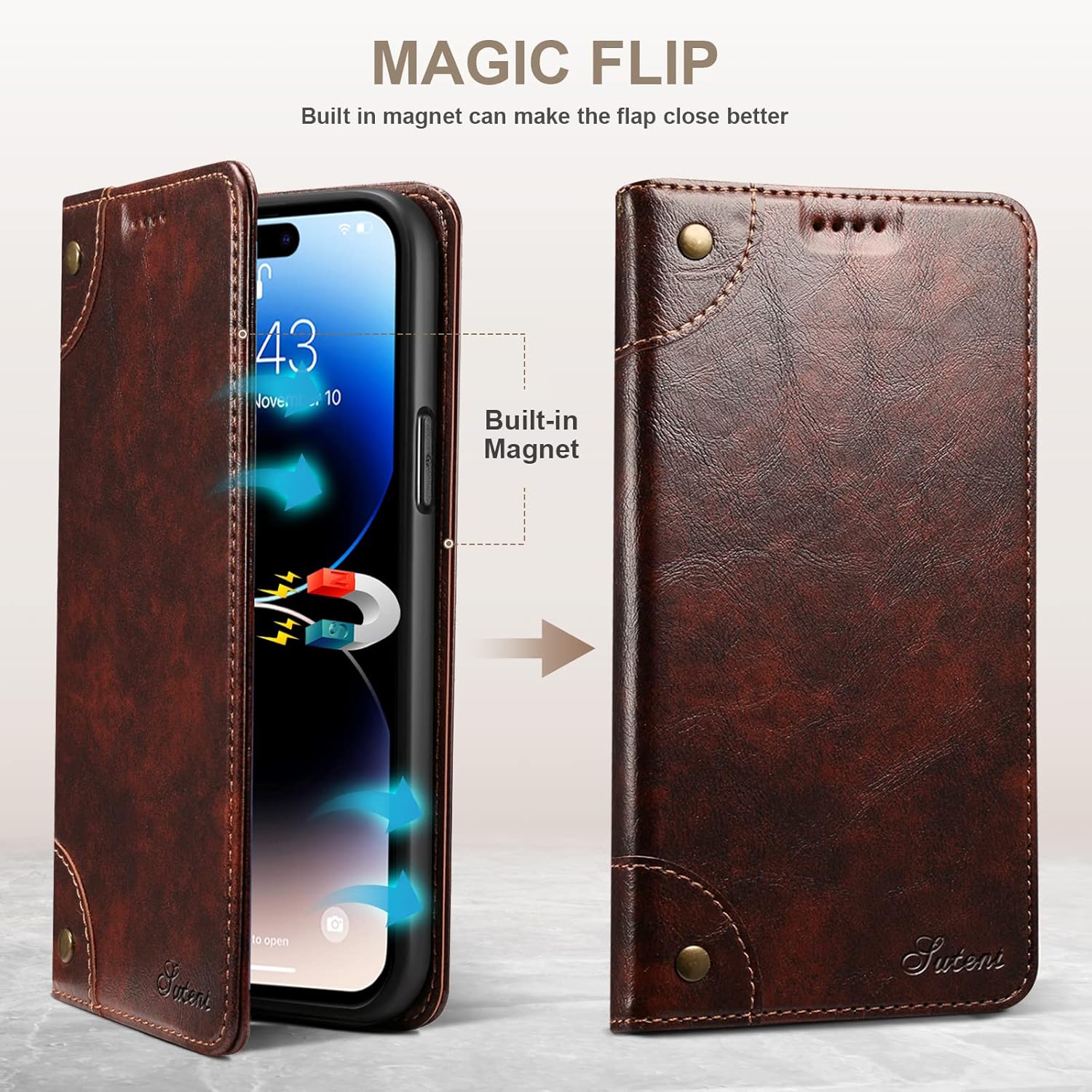 SINIANL Funda tipo cartera compatible con iPhone 15 Pro, con función atril magnético, tarjetero de cuero con tapa para iPhone 15 Pro, color marrón