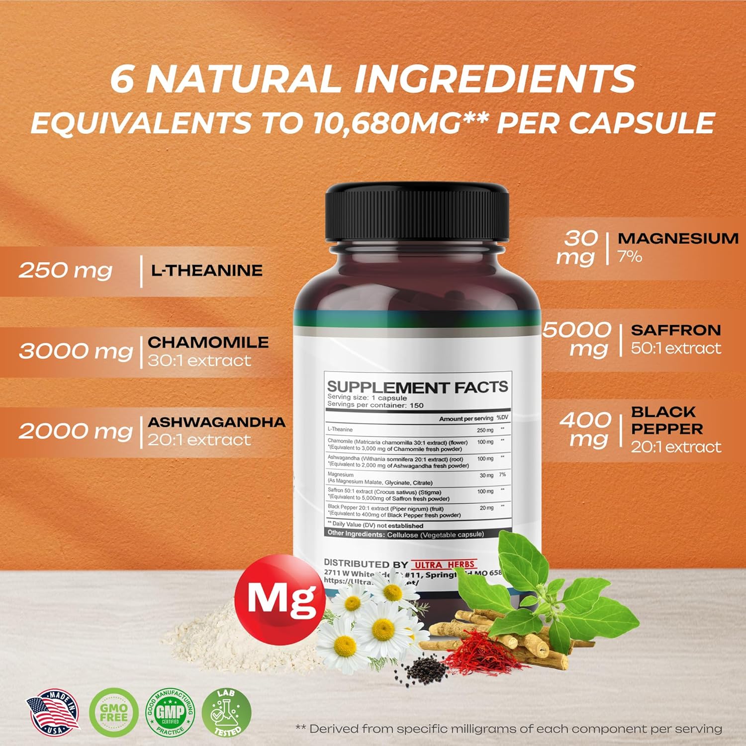 L-Teanina 6 en 1 – 10,680 mg con Manzanilla, Ashwagandha, Azafrán, Magnesio – Apoyo Relajación, Sueño (suministro para 150 días (paquete de 1))