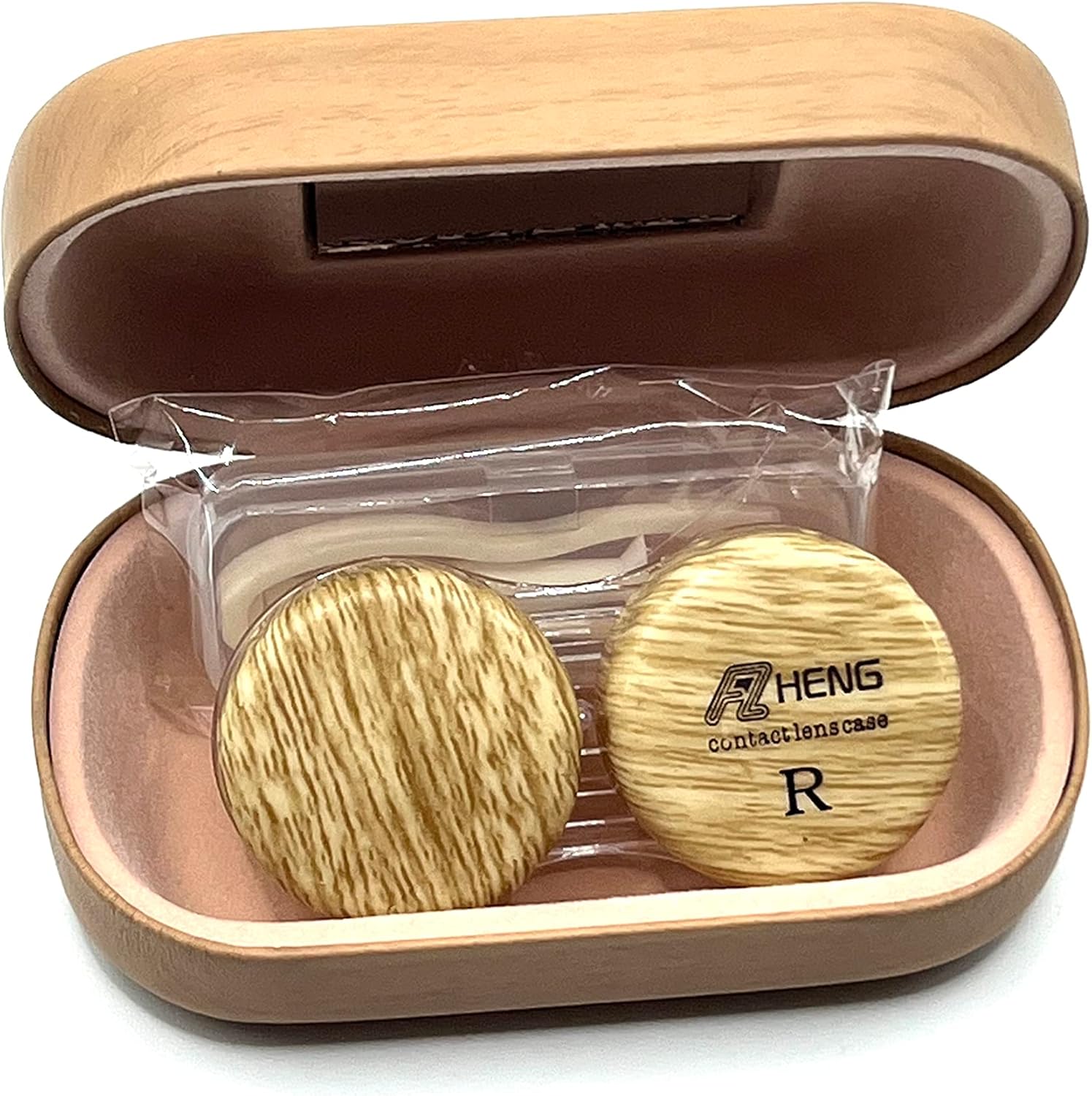 Estuche para lentes de contacto de grano de madera, estuche compacto de contacto ocular para viajes, caja de contacto portátil con espejo