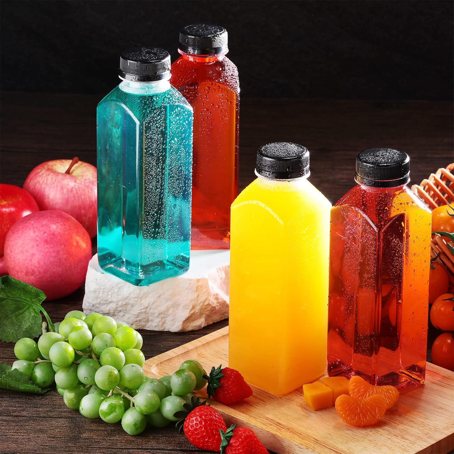 200 botellas de plástico con tapas, botellas cuadradas transparentes para jugos, recipientes para bebidas, reutilizables, botellas vacías para