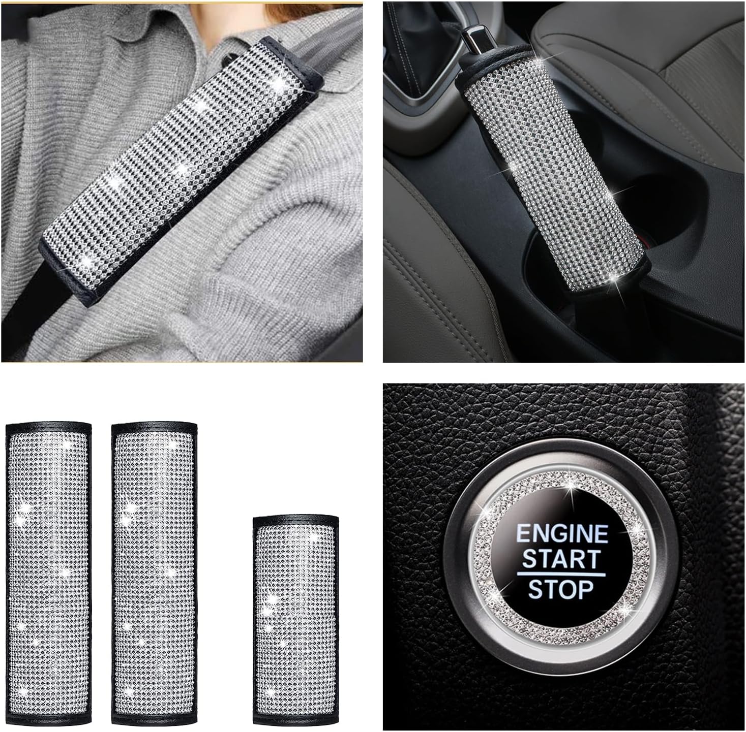 Juego de 4 almohadillas de terciopelo para cinturón de seguridad de automóvil con diamantes de imitación brillantes, funda de freno de mano de