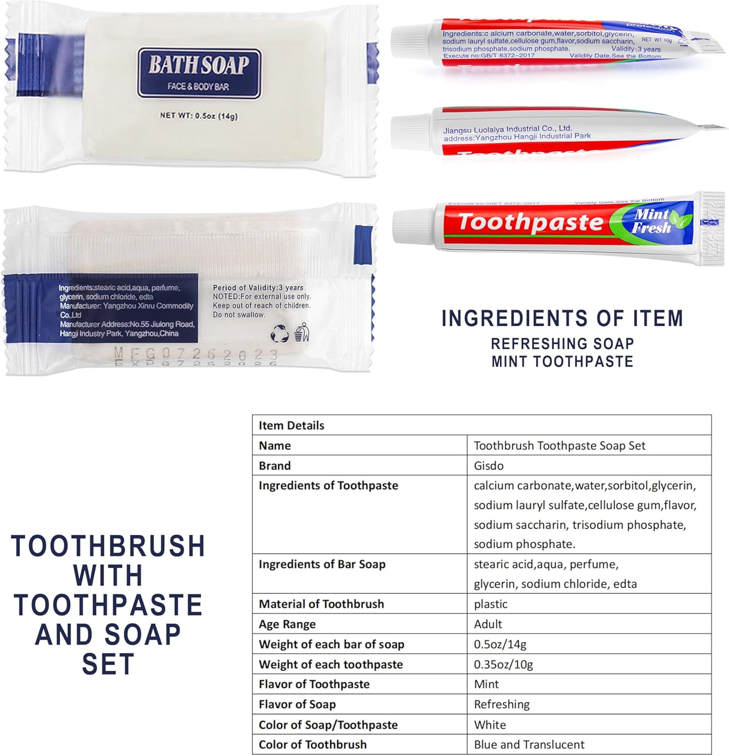 Paquete de 30 cepillos de dientes desechables con pasta de dientes y jabón envueltos individualmente, 2 colores, barra de jabón de 0.5 onzas, tamaño
