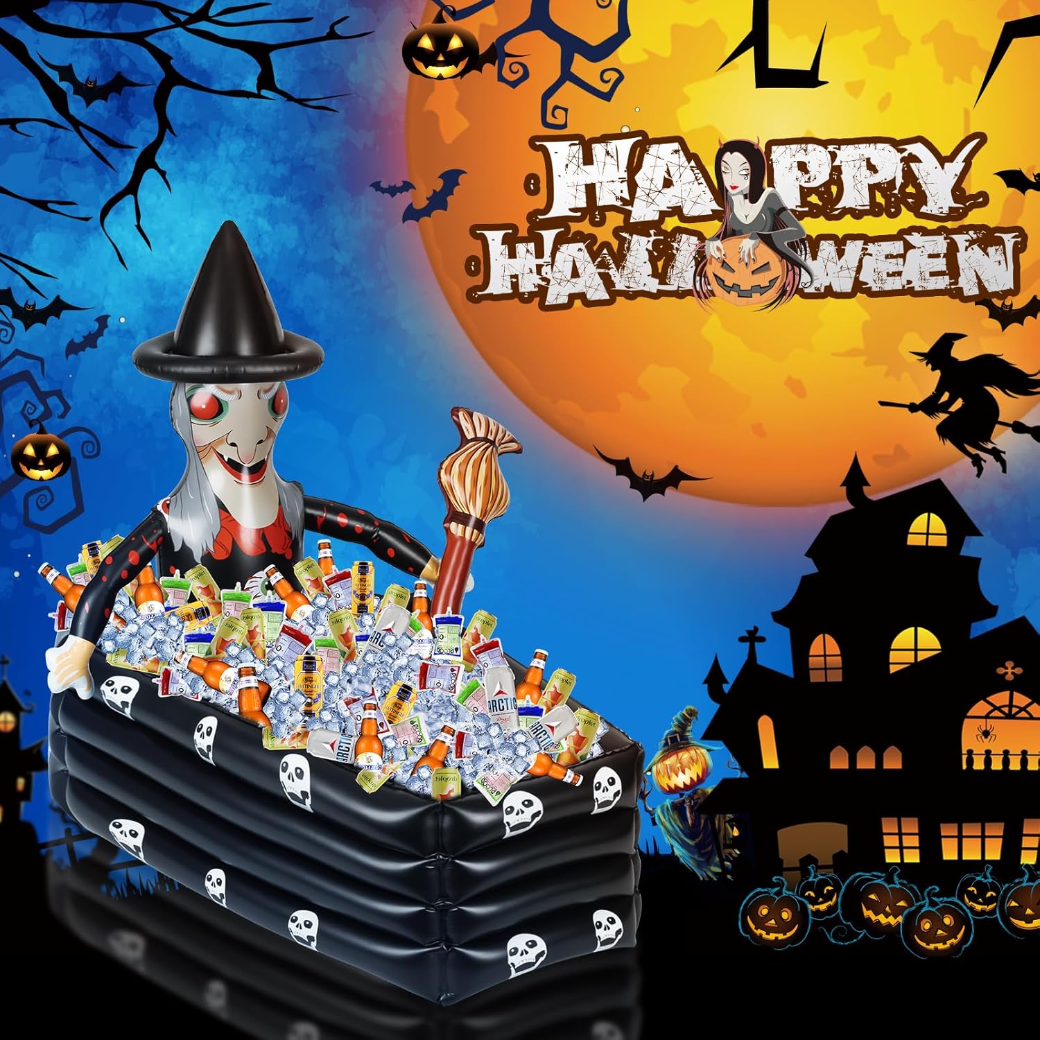Enfriador inflable de Halloween, enfriador de bebidas grande de Halloween para fiesta de Halloween, 43 pulgadas, brujas, ataúd inflable, barra de