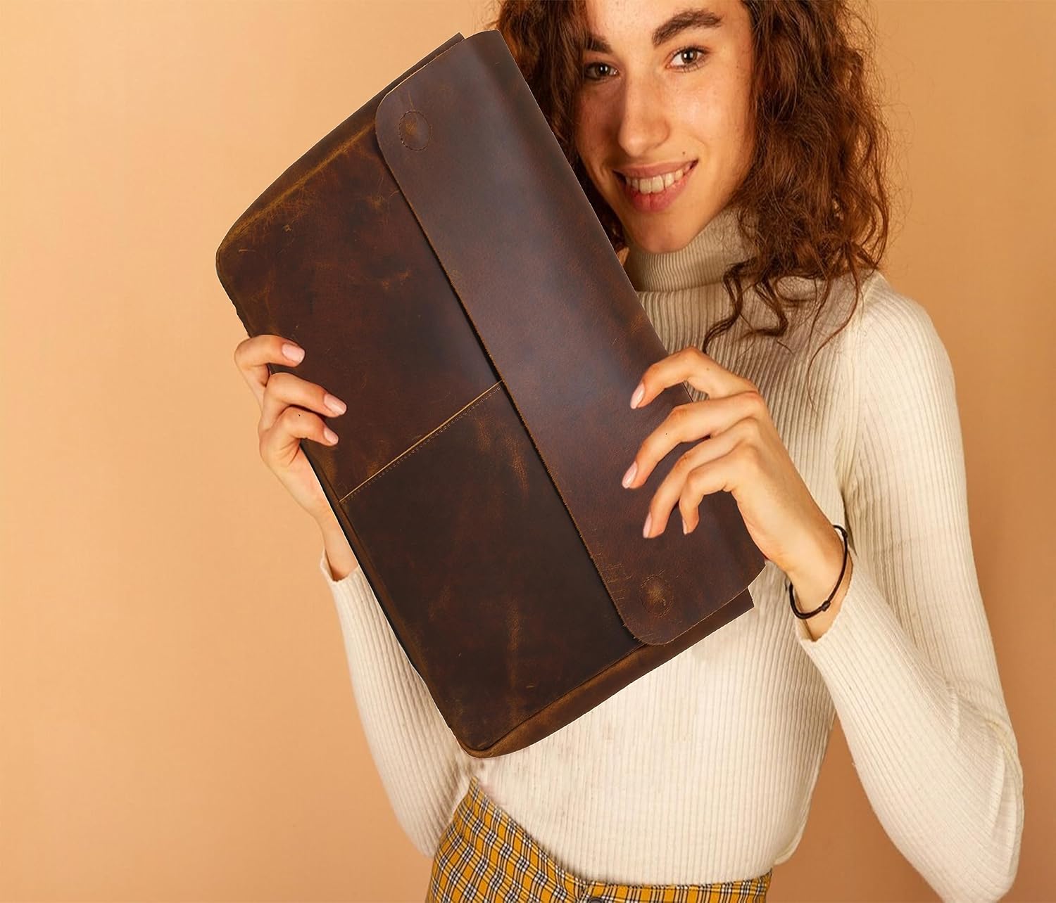 Funda de cuero para laptop, espaciosa, hecha a mano, sin tirantes, diseño desgastado, de grano completo, soporte para documentos perfecto para