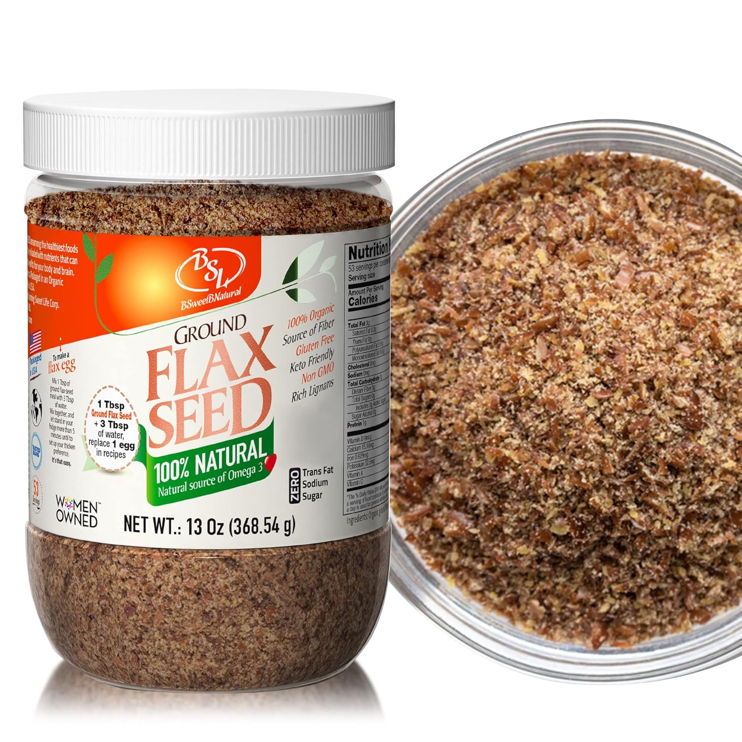 BSL – Semilla de lino molida orgánica de 13 onzas, vegana, apta para dieta cetogénica, sin gluten, sin OMG, cero grasas trans y azúcar, rica en