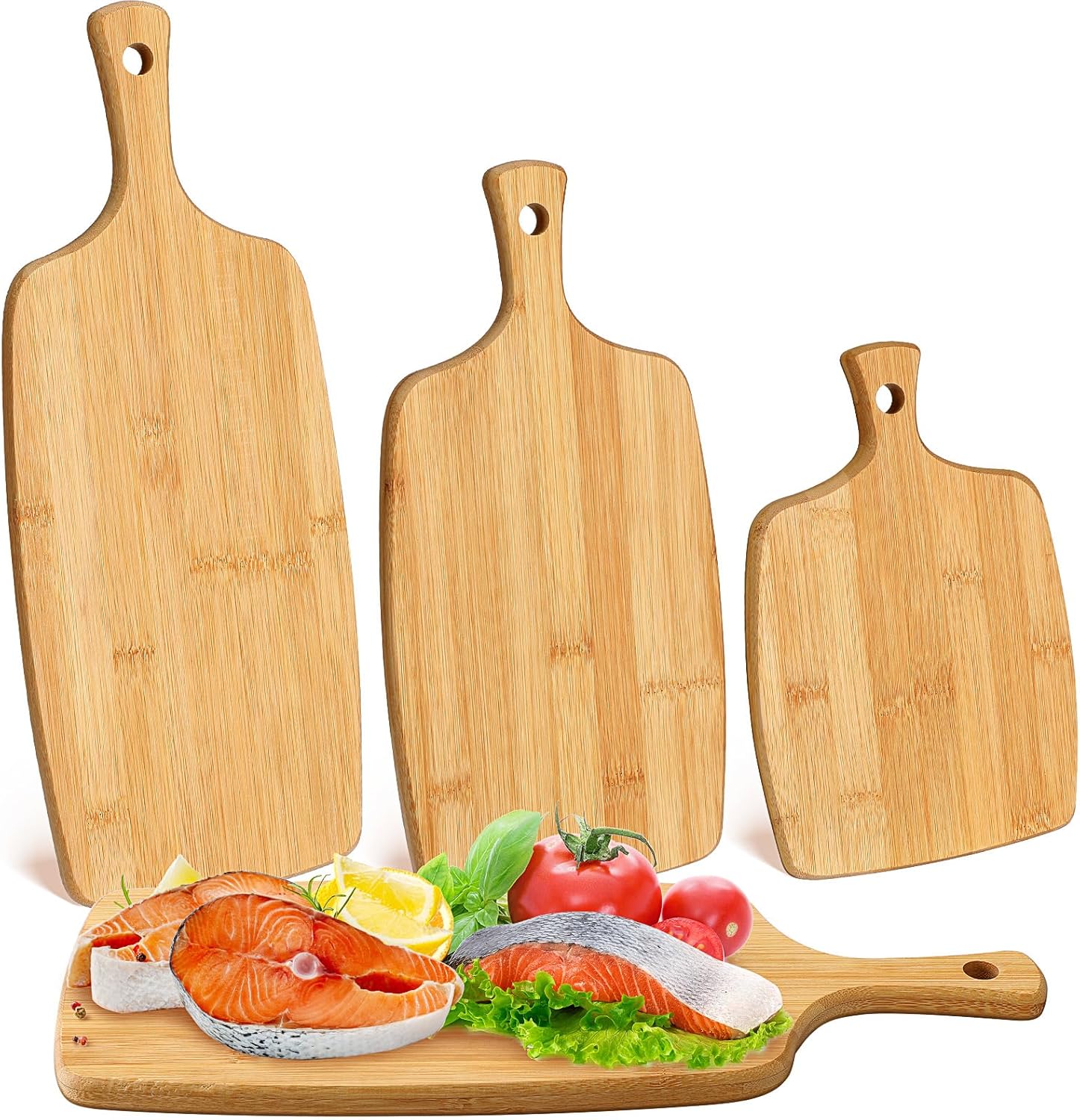 Kathfly Tabla de cortar de bambú de madera a granel para grabado láser, tabla de cortar decorativa con asa, charcutería, pizza, queso, bandeja para