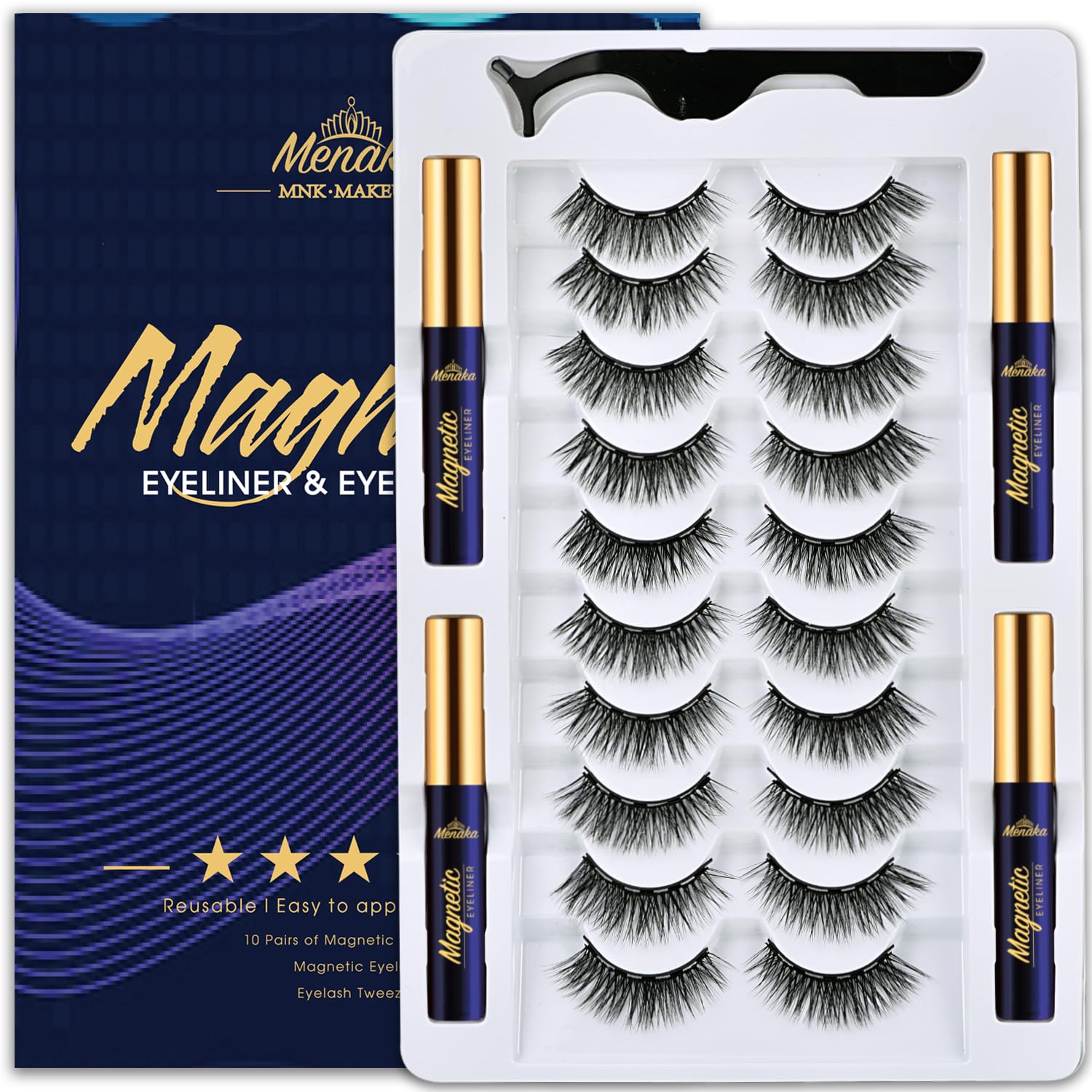 Menaka Pestañas magnéticas, 10 pares de pestañas magnéticas reutilizables de aspecto natural con aplicador, 4 tubos de delineador magnético con