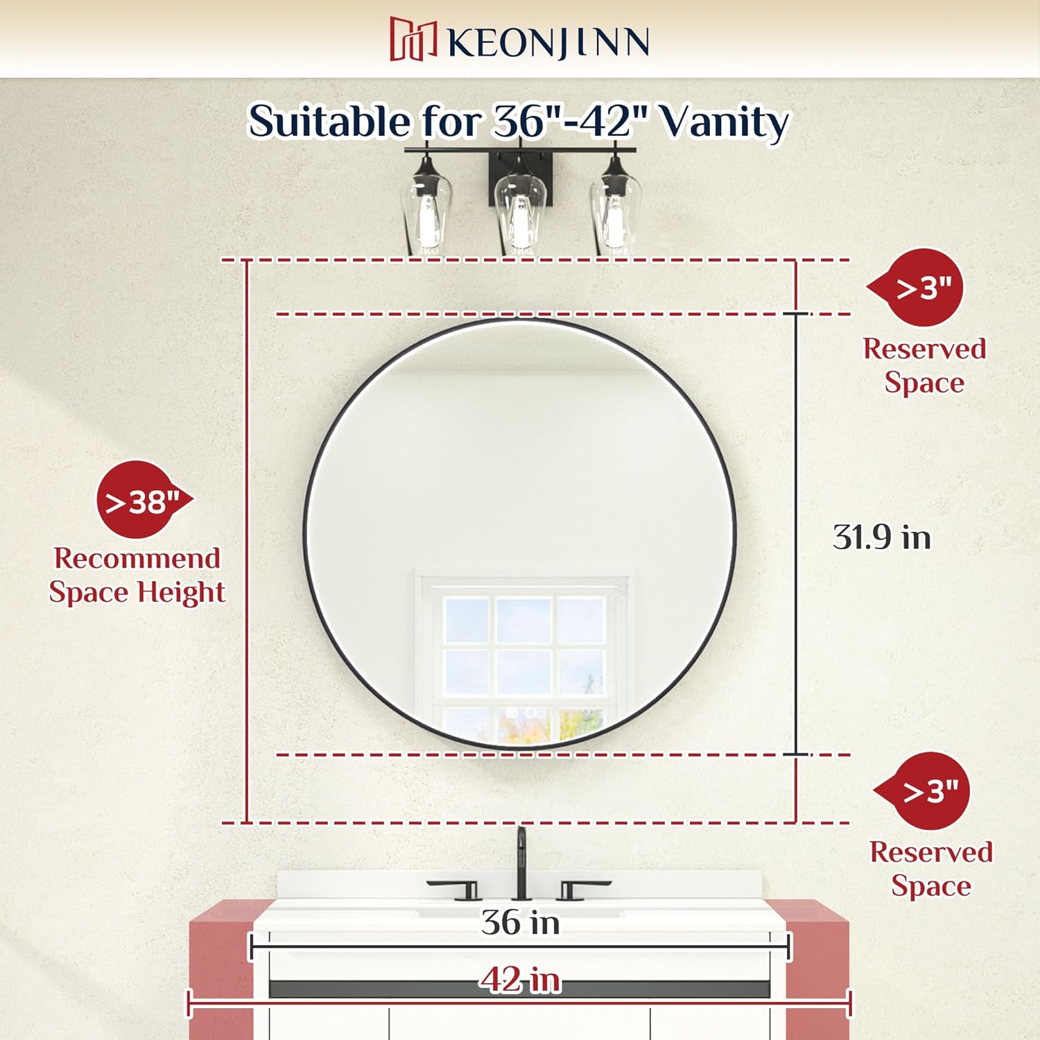 Keonjinn Espejo LED redondo negro para baño con luces 3000 K4500 K6000 K, espejo de tocador con marco de metal montado en la pared, espejo de