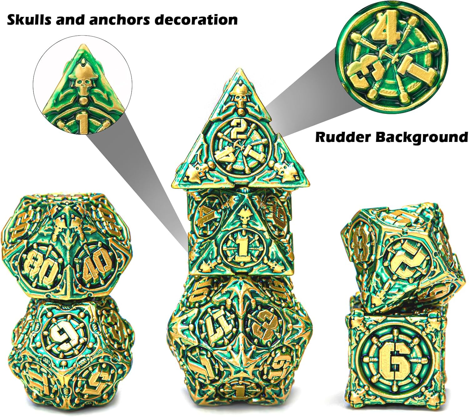 GU BEI TE Metal DND Dice Set with Box, Colorful DND Pirate Dice 7-Piece for RPG D&D Dungeons and Dragons GiftsGold Green