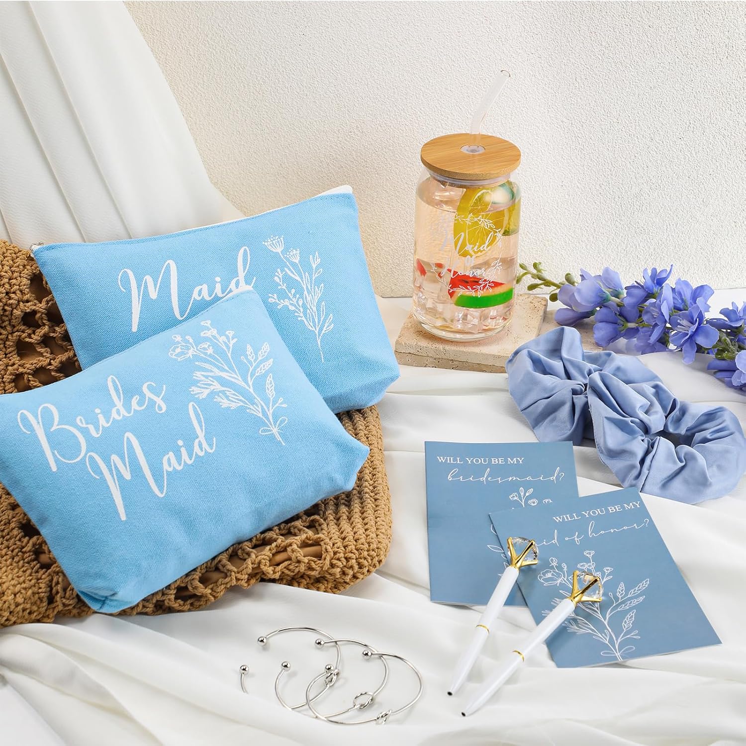 Irenare 36 piezas de regalos de propuesta de dama de honor, regalos de despedida de soltera, taza de vidrio de 16 onzas, bolsas de maquillaje para