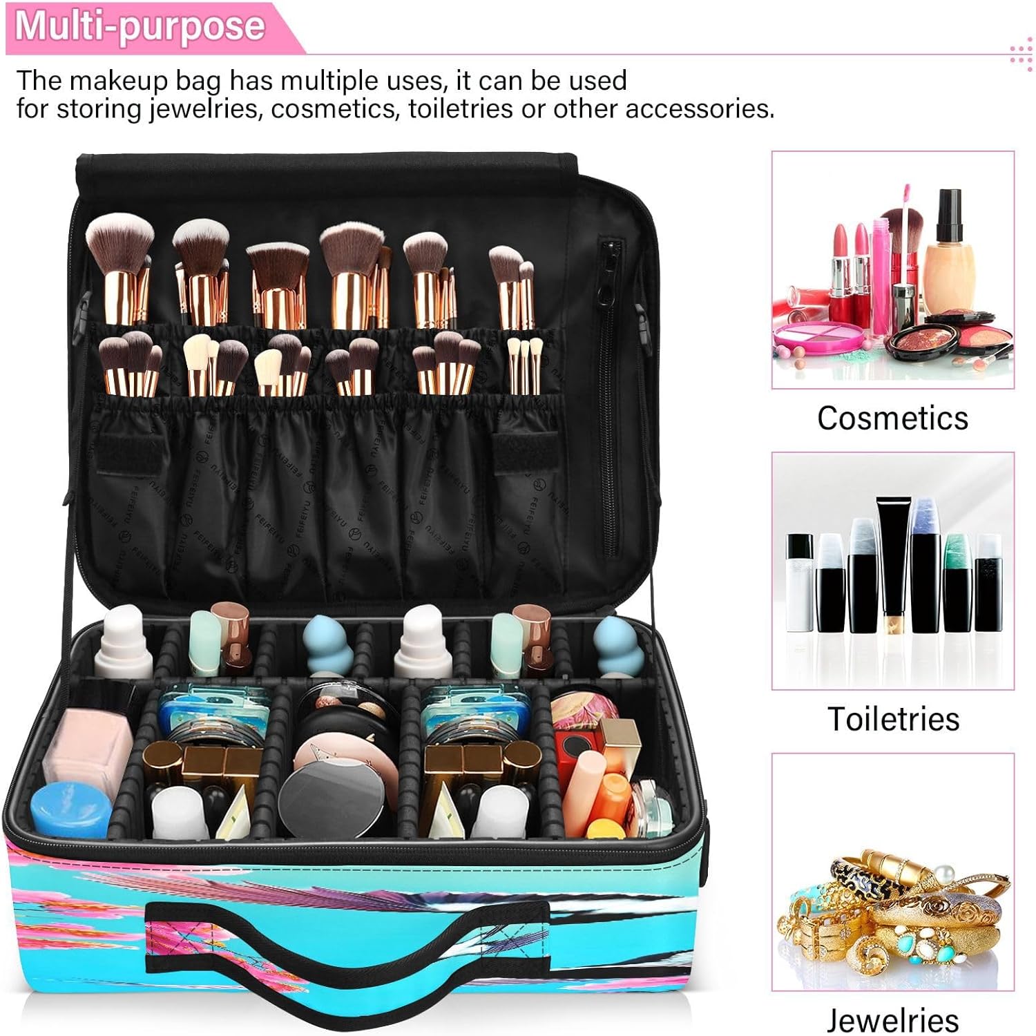 Bolsa de viaje de maquillaje de flores y pájaros rojo azul grande para artículos de aseo personal, bolsa de maquillaje de viaje, bolso para guardar