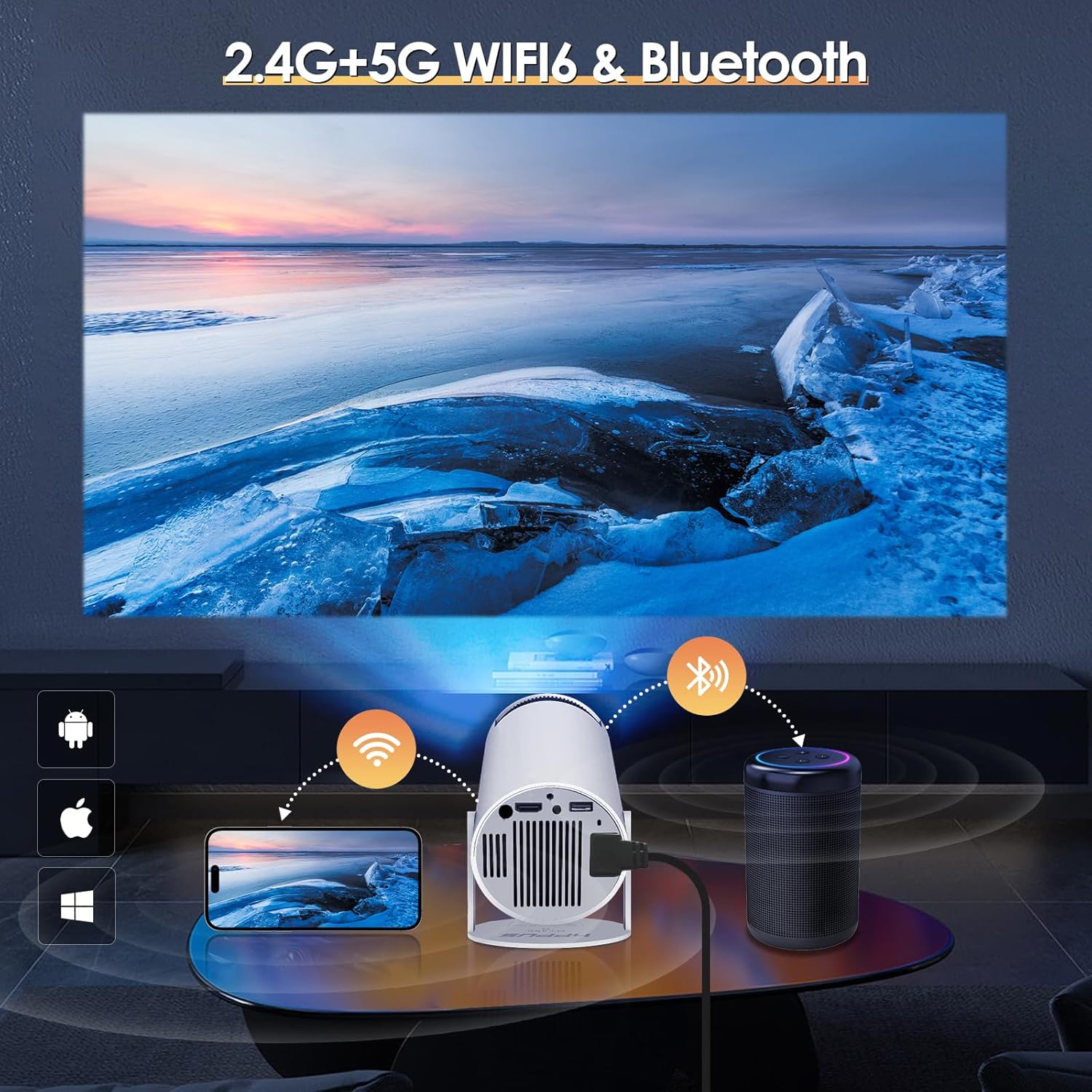 Auto Keystone Proyector inteligente con Android TV 11.0 HIPPUS, proyector Bluetooth WiFi 5G compatible con 4K, mini proyector de películas portátil