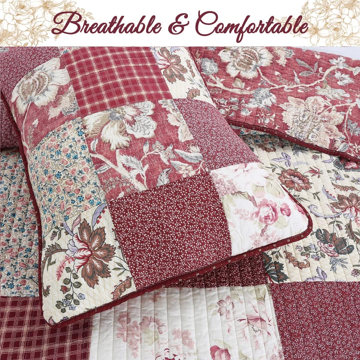 Cozy Line Home Fashions Juego de ropa de cama reversible de 100% algodón, diseño de retazos rojos y flores a cuadros, colcha (jardín vintage, King,