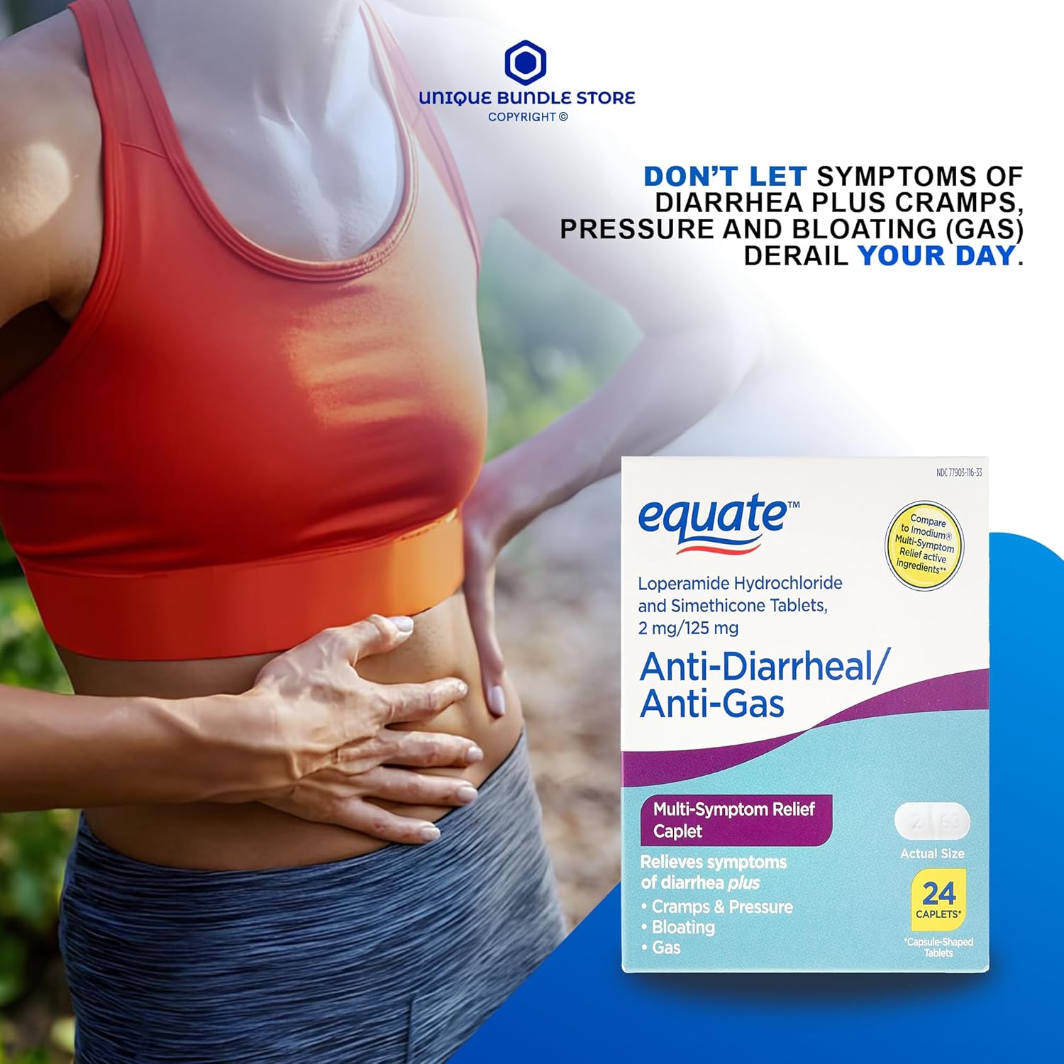 Unique Bundle Store Equate – Clorhidrato de loperamida, cápsulas de 24 unidades, alivio multisíntoma antidiarreico y antigas + organizador de