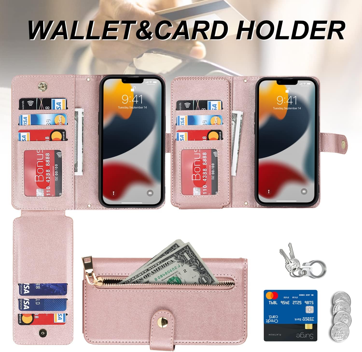 Havaya Funda para iPhone 12 con tarjetero, para iPhone 12 Pro, funda tipo cartera para mujer, funda tipo cartera con cremallera y ranuras para
