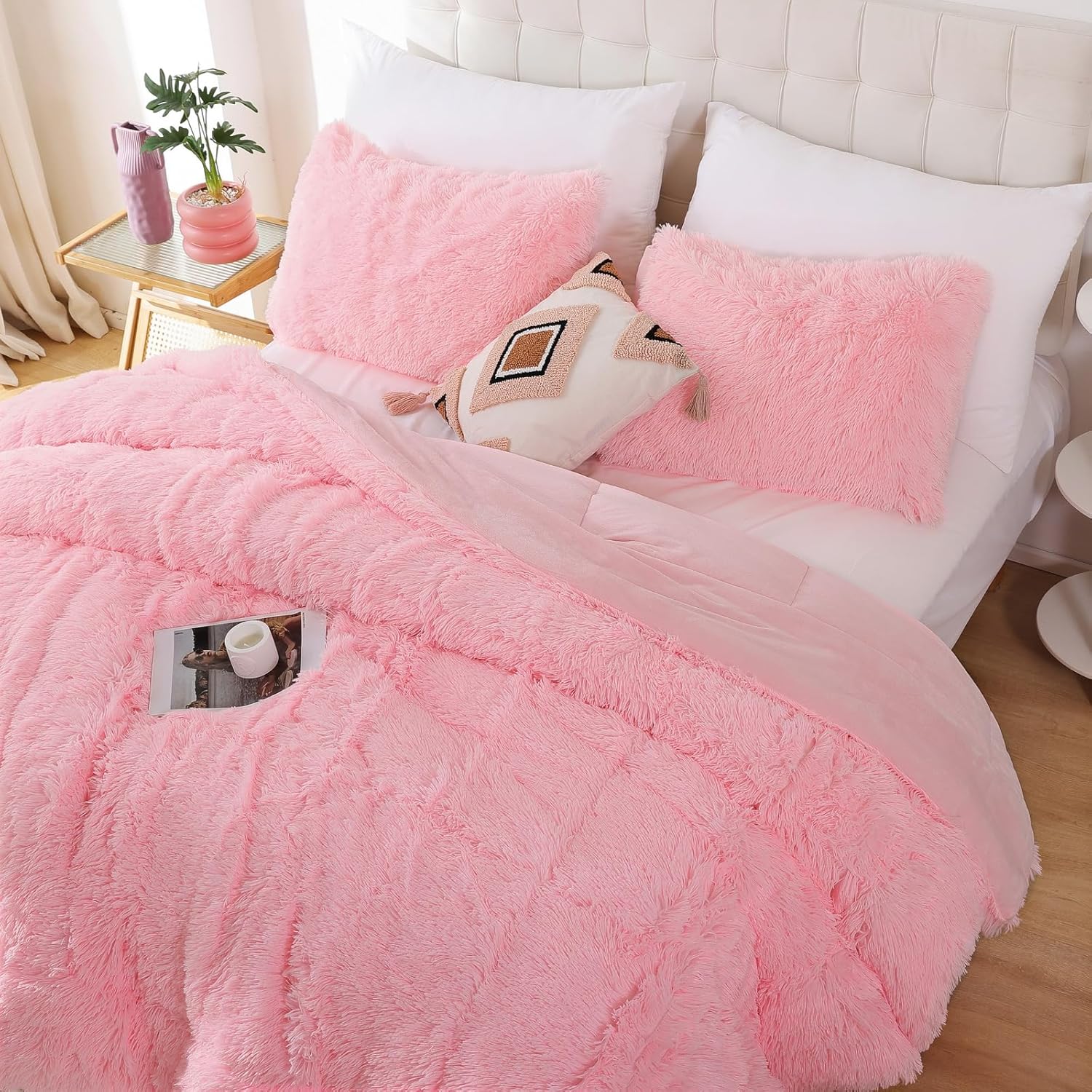 Smoofy Juego de edredón de pelo sintético de color rosa, tamaño matrimonial, 3 piezas, juego de edredón de felpa mullida y mullida, bonito juego de