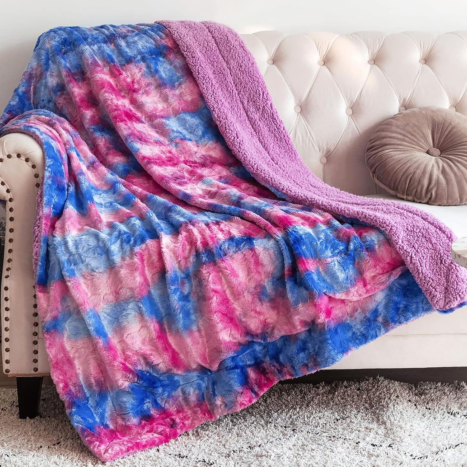 NEWCOSPLAY Manta mullida de piel sintética para sofá, color morado, azul y rosa, manta de felpa cálida para sofá y cama (morado, azul y rosa, manta