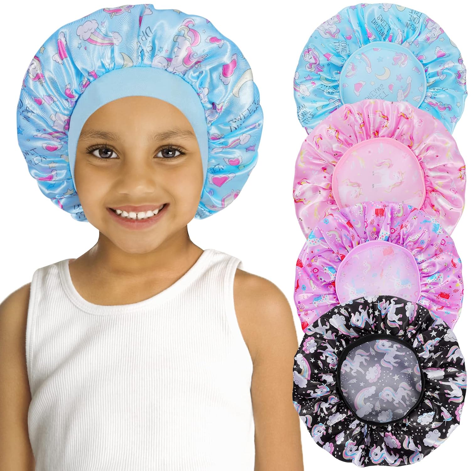 4 gorros de satén para niños, gorro de dormir para niños, gorro de seda suave, banda ancha elástica, gorros de bebé transpirables para dormir,