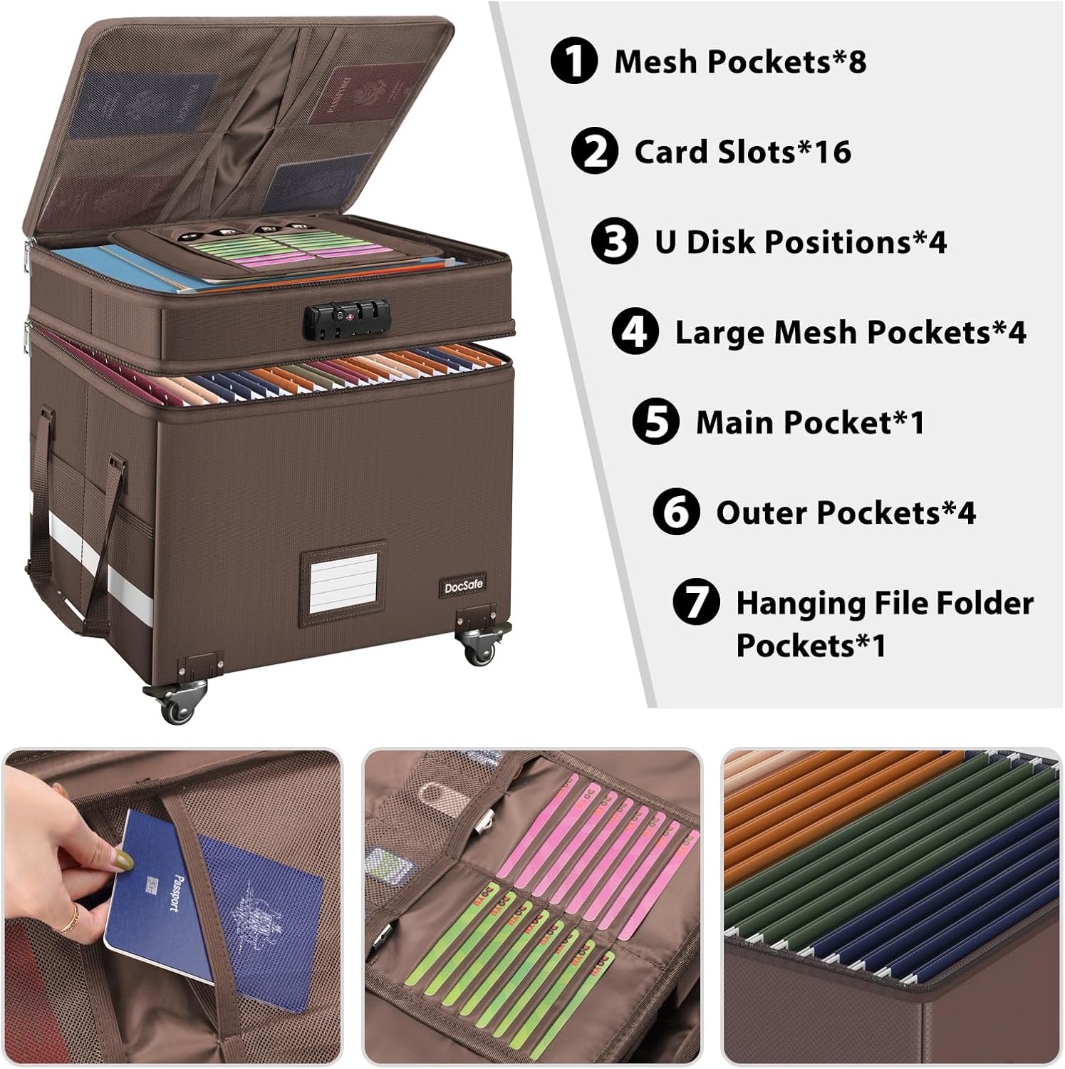 DocSafe Caja de archivos con cerradura, caja de documentos ignífuga de 2 capas con ruedas, organizador de almacenamiento de archivos plegable con
