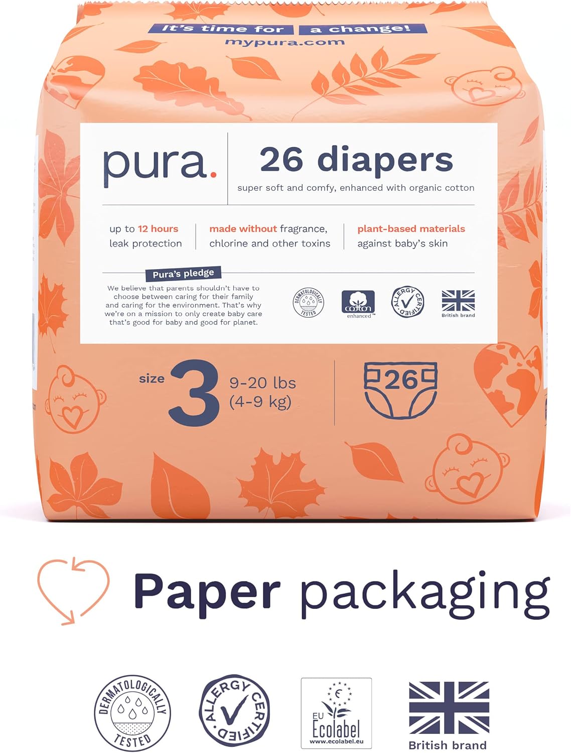 Pura Pañales ecológicos talla 3 (9-20 libras) hipoalergénicos, algodón orgánico suave, sostenible, hasta 12 horas de protección contra fugas,
