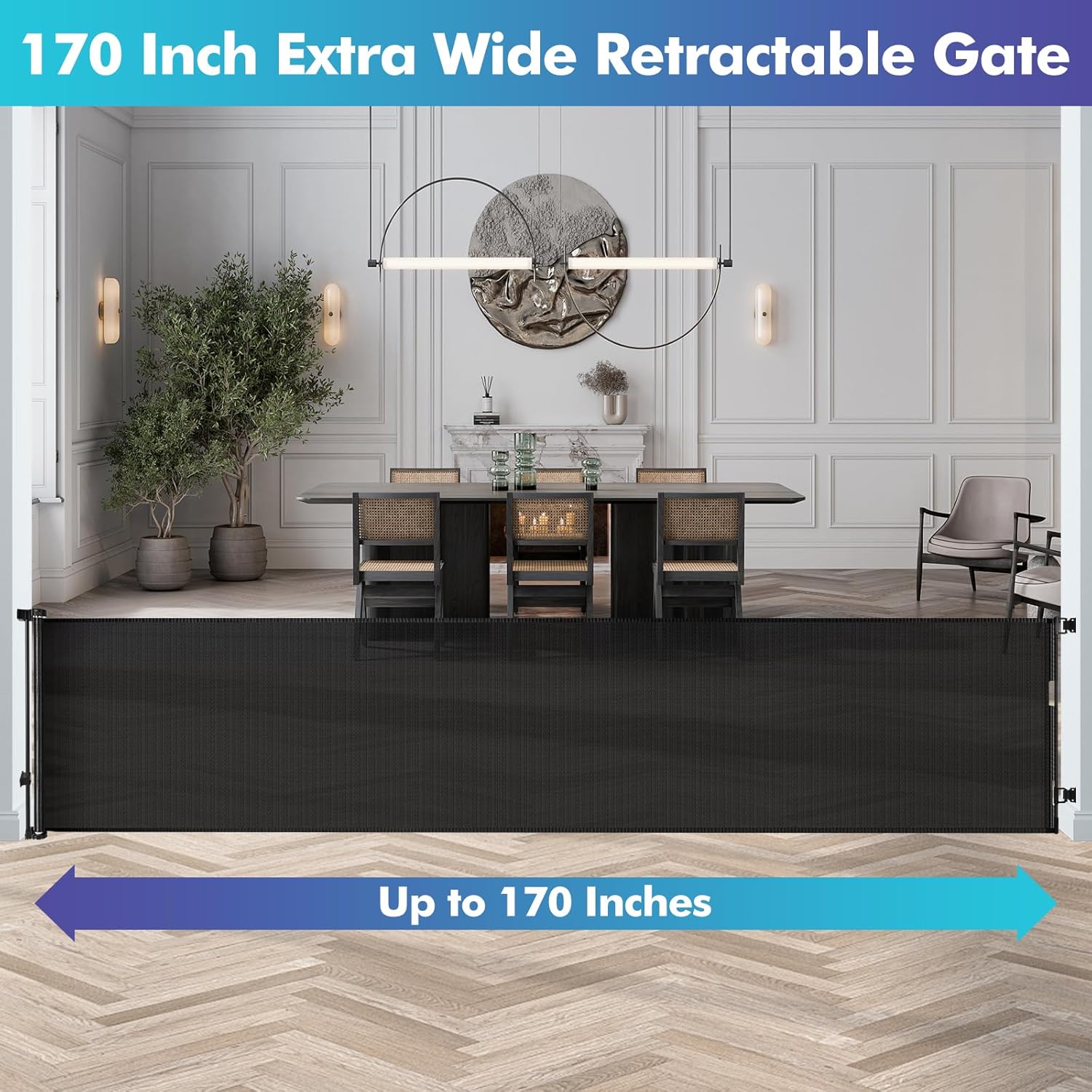 Puertas retráctiles para bebés de 170 pulgadas, puerta extra ancha para perros, para aberturas extragrandes, puerta retráctil para perros para