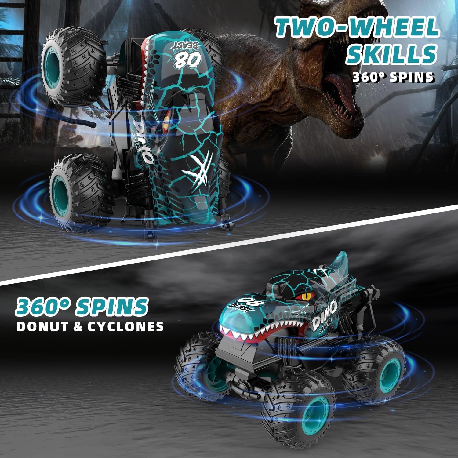 Monster Truck Toys, 2.4Ghz RC Monster Trucks para niños, 120 dinosaurio RC coches con luz y música, camión de control remoto con acrobacia, giro de
