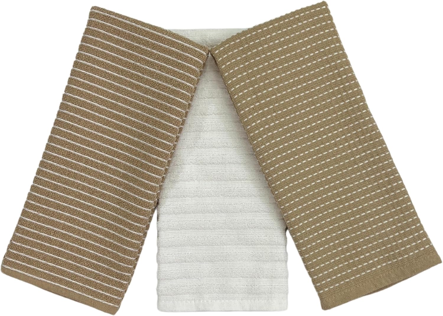 Toallas de cocina blancas de gran tamaño 100% algodón, suave, absorbente, surtido de rizo acanalado, juego de 4 multiusos para uso diario (beige