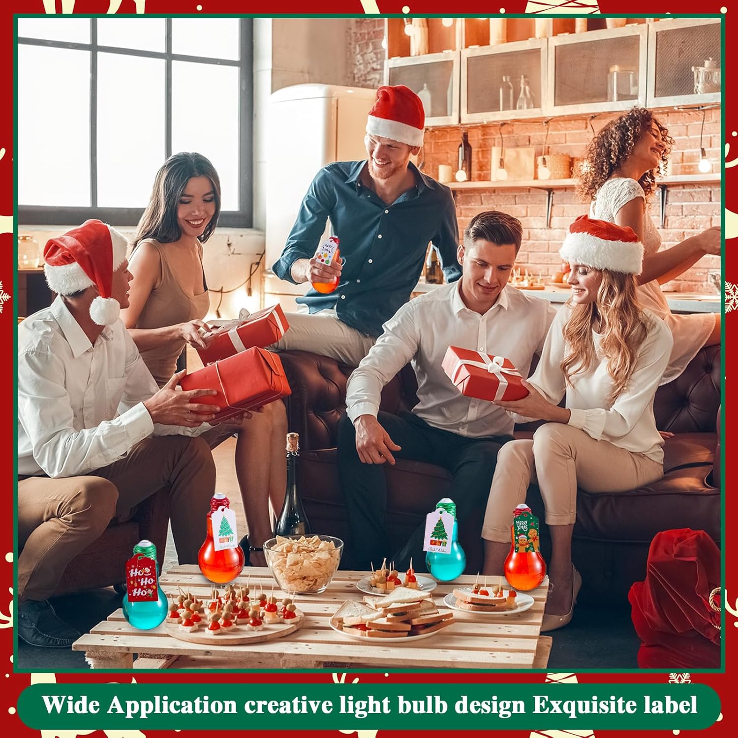 Tessco 48 tarros de plástico de Navidad con tarjeta y cuerda, 3.4 onzas, 3.4 fl oz, transparente, rellenable, para caramelos, bombillas de plástico