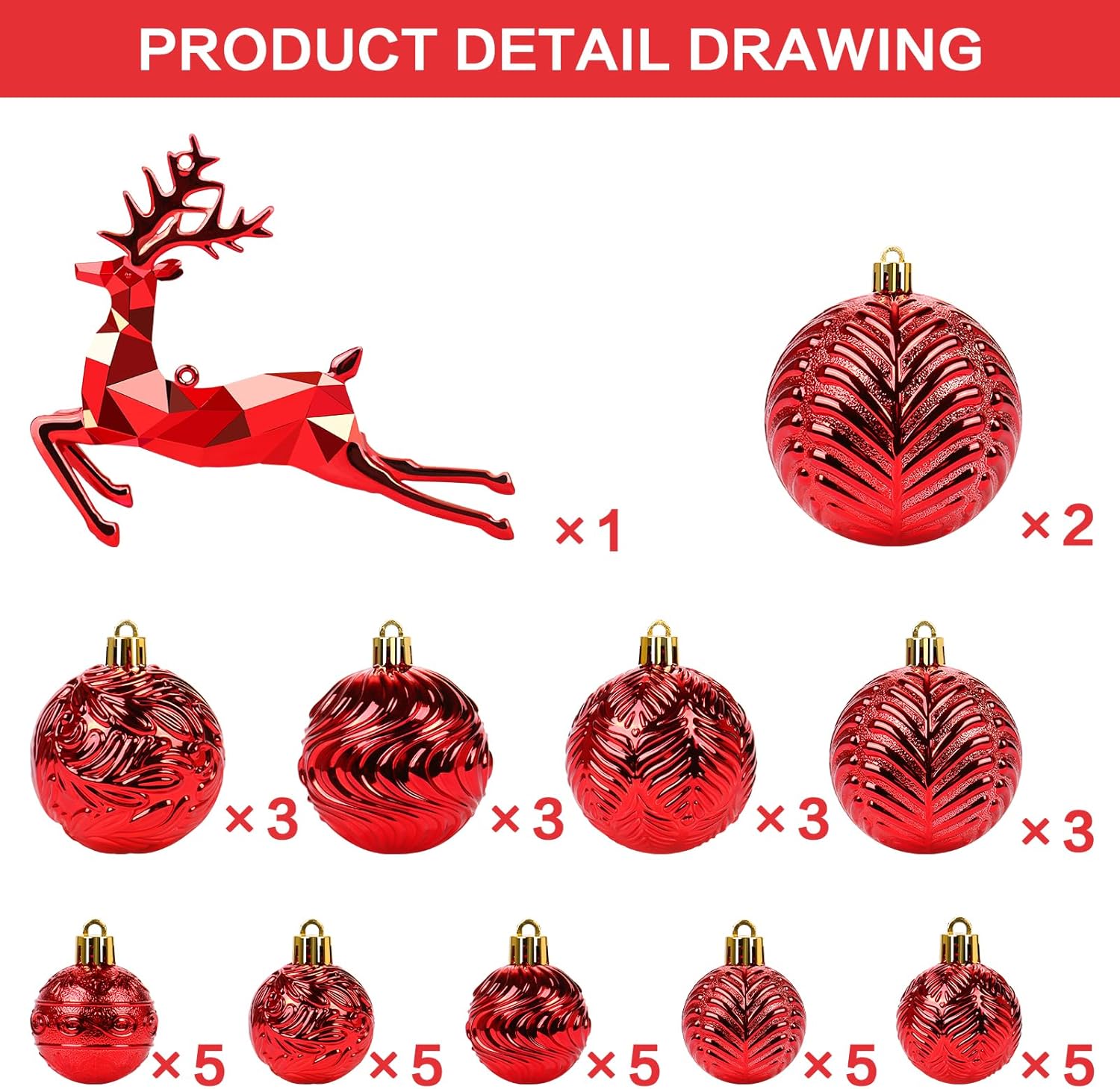 SY Super Bang Juego de adornos de Navidad, 40 adornos colgantes de Navidad inastillables para decoración del árbol de Navidad, color rojo