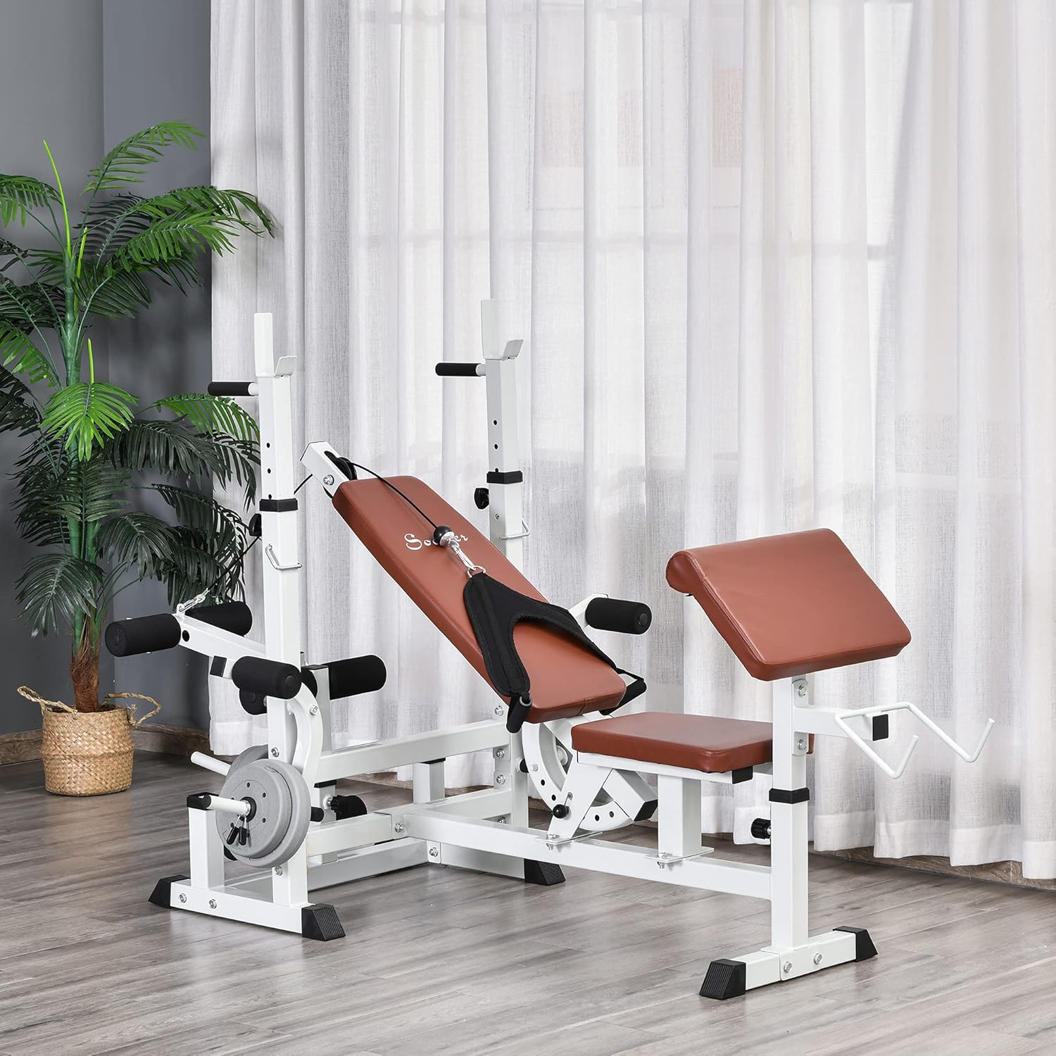 Soozier Soporte de pesas de cuerpo completo para múltiples ejercicios con prensa de banco, extensión de piernas, banda de resistencia a moscas en el