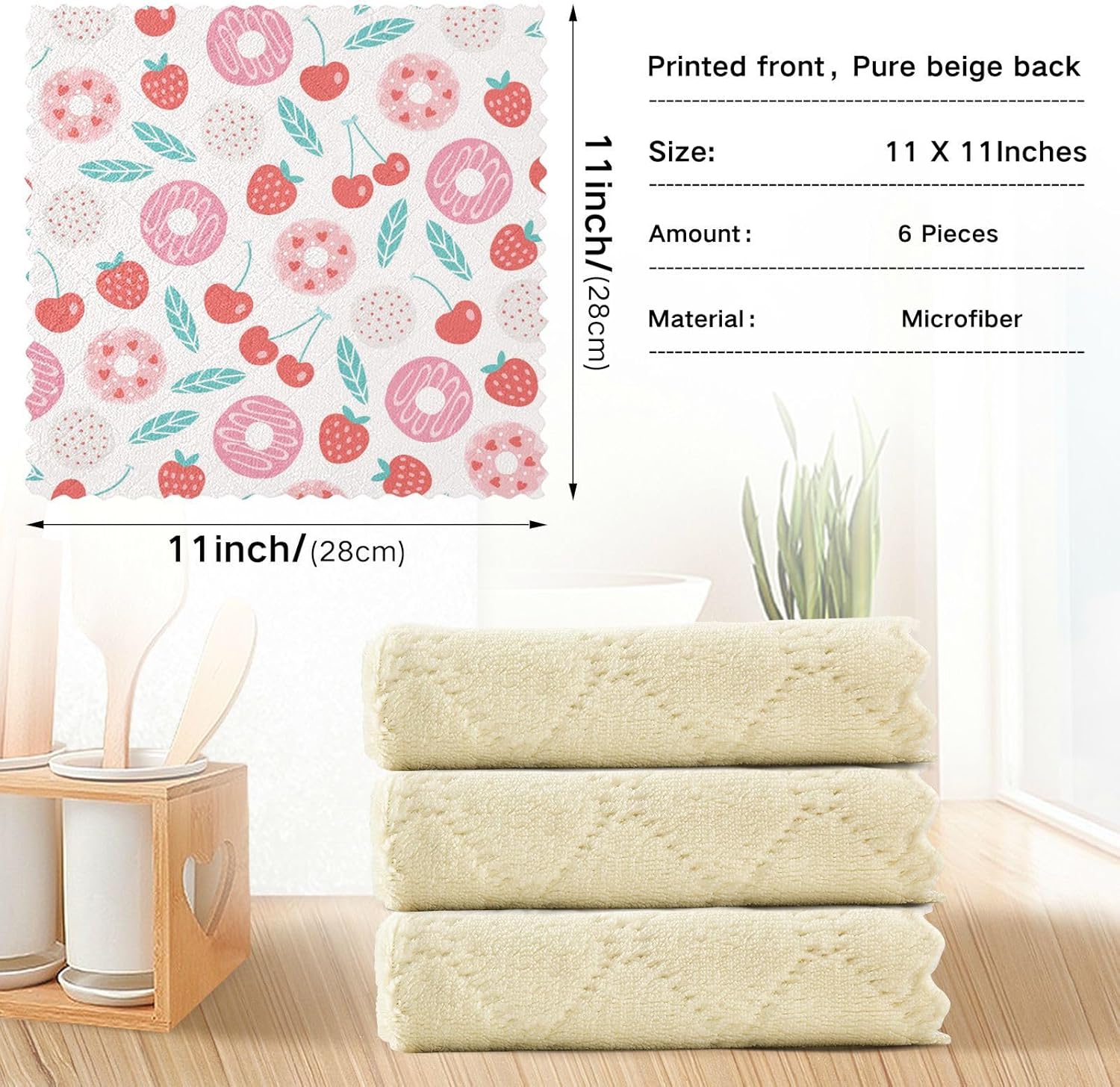 Red Pink Donut Cherry Soft Decor Microfiber Dish Towels Absorbent 6 Pack Microfiber Drying Towel Kitchen for Restaurant Coffee