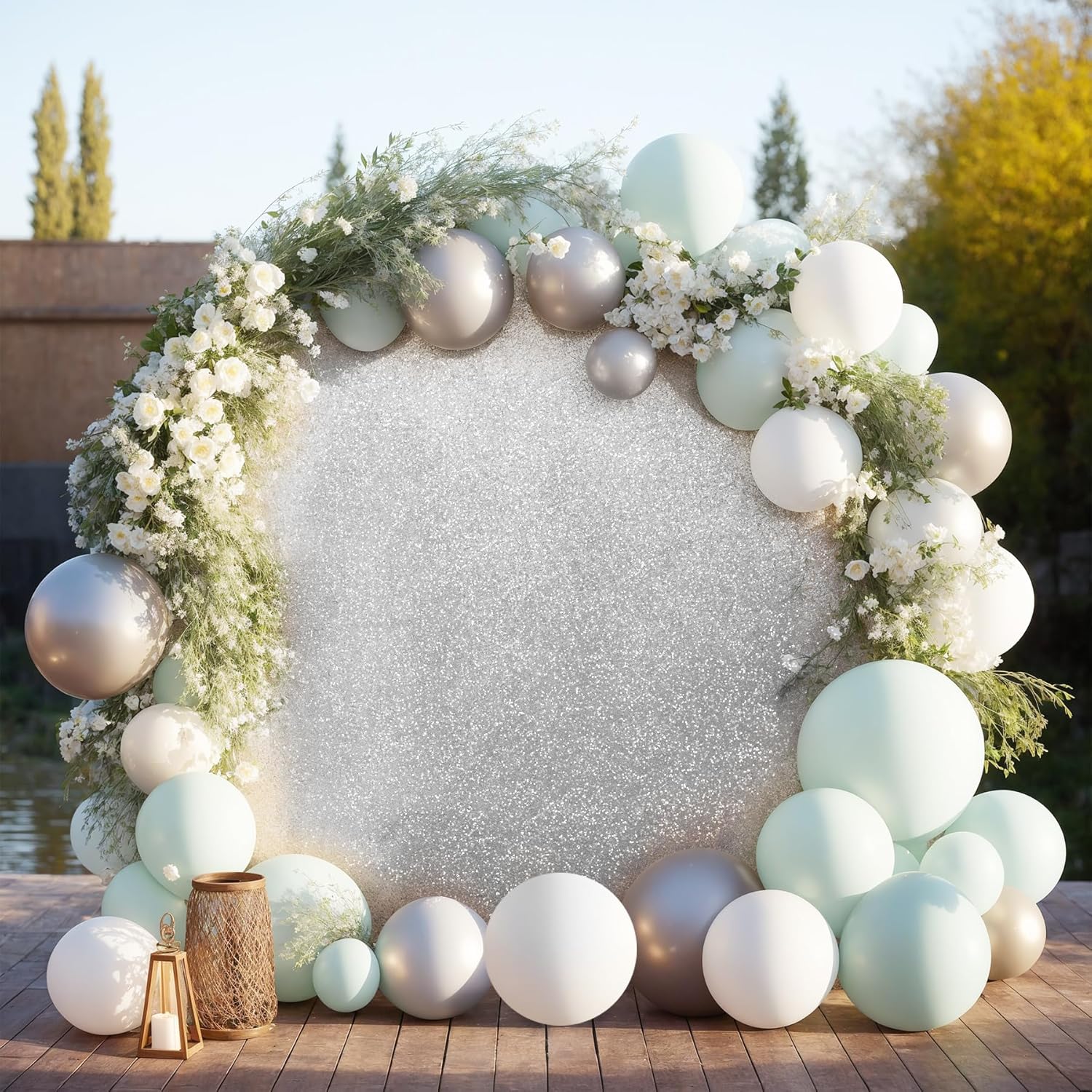 Telón de fondo redondo plateado de 7.2 pies, cortina de fondo de lentejuelas para arco de fondo de fotos, para bodas, fiestas, baby shower,