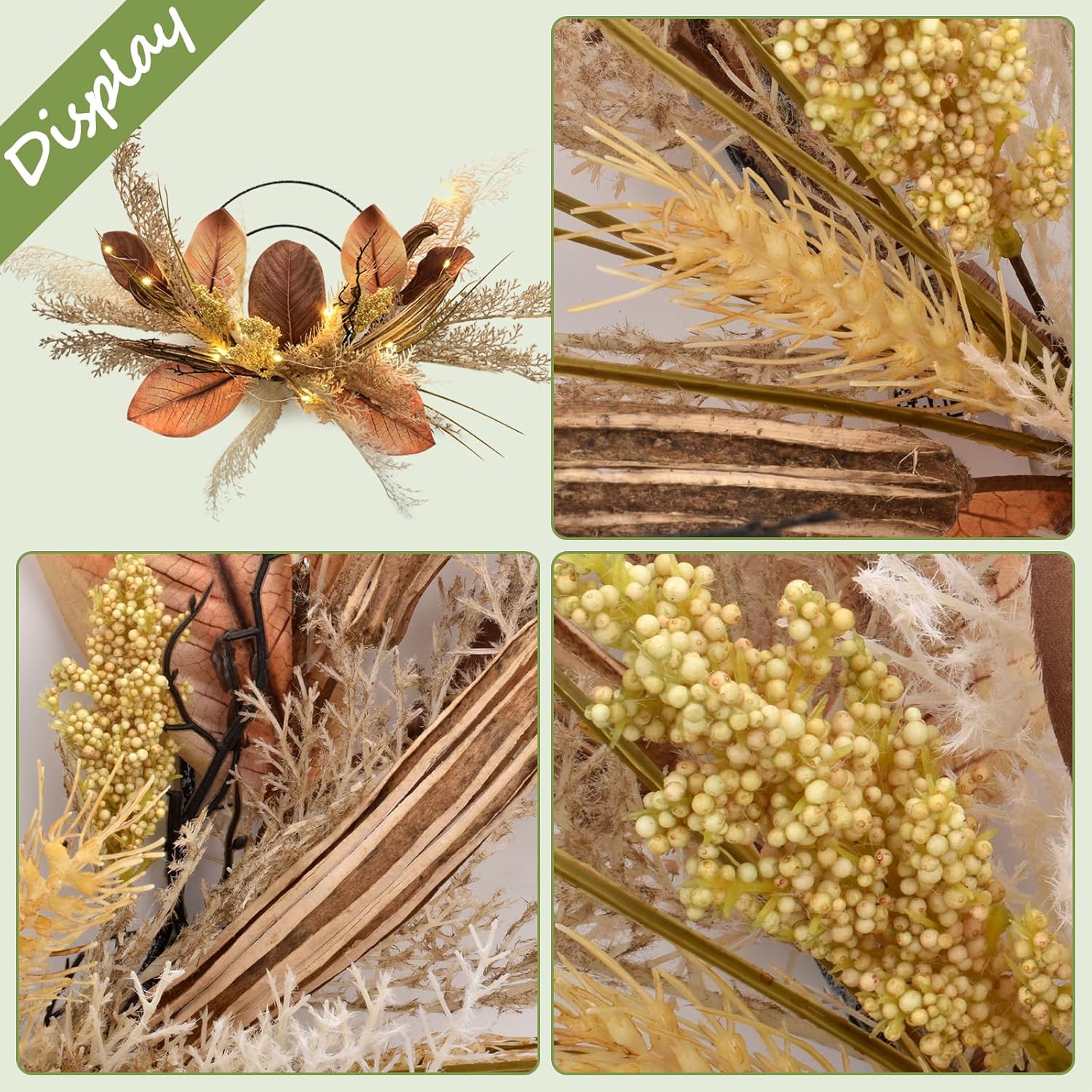 Coronas de otoño de 24 pulgadas con LED para decoración exterior de puerta delantera, pasto de plástico, hojas de magnolia, okra, vainas de loto,