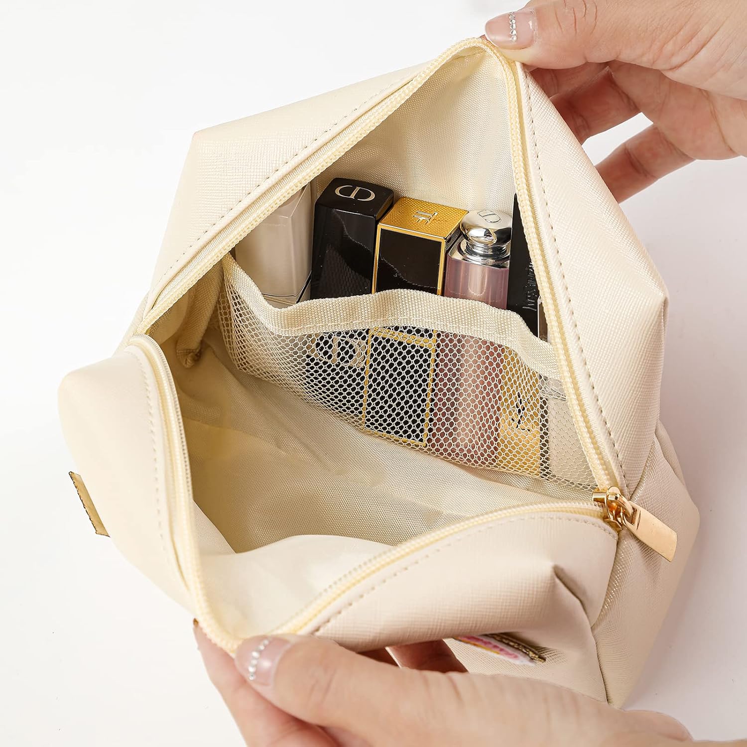 Preppy Patch – Bolsa de maquillaje de piel, bolsa de cosméticos pequeña, organizador de artículos de tocador de viaje impermeable, bolsa de aseo