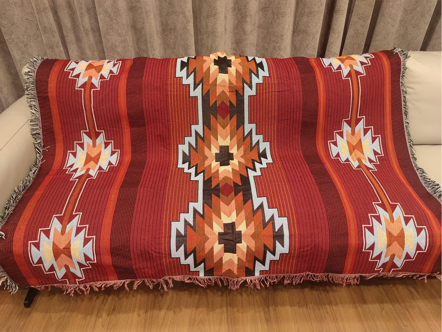 CCHYF Manta azteca roja de nativos americanos, decoración bohemia del suroeste, reversible, con borlas tejidas, mantas y mantas mexicanas para sofá,