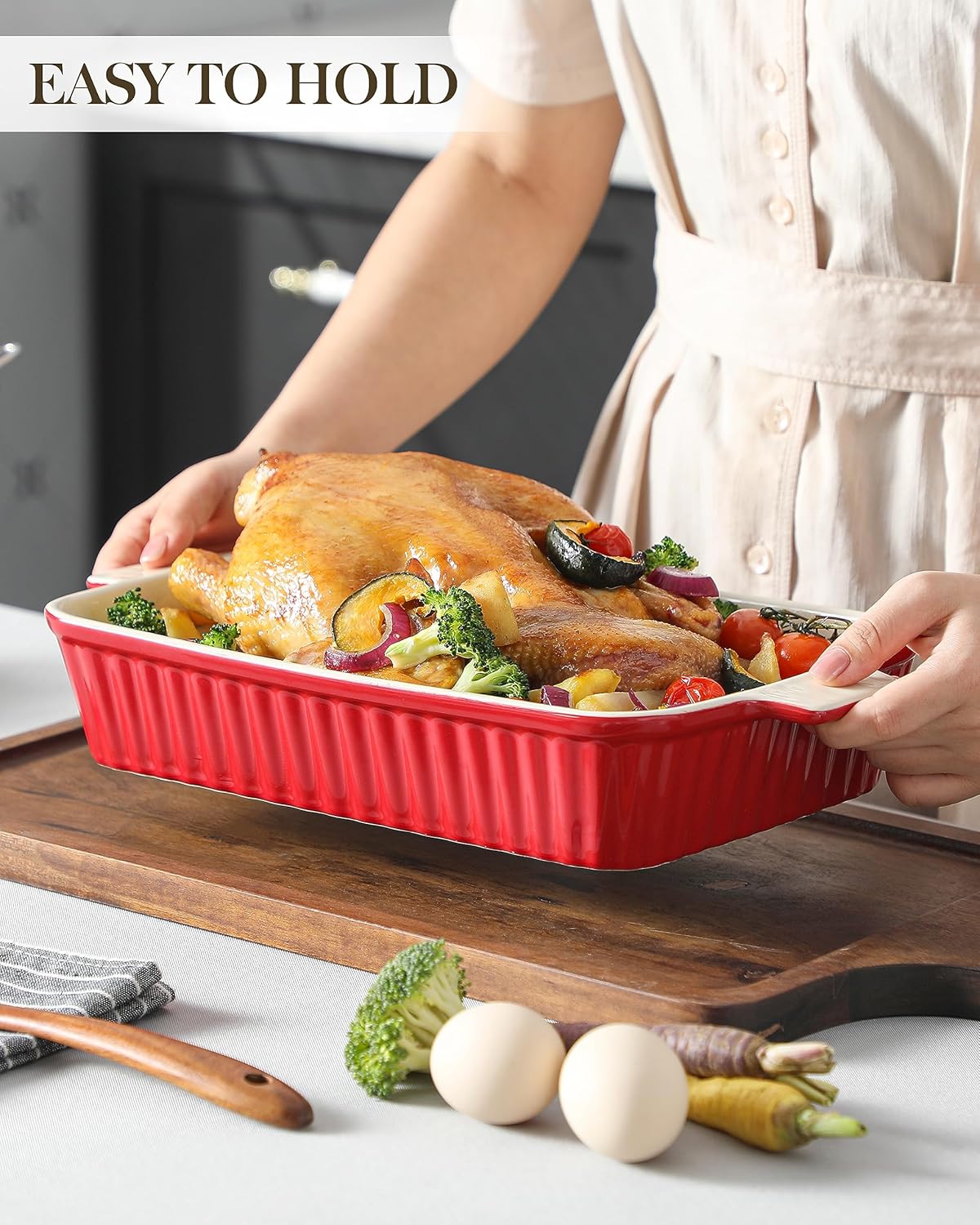 MALACASA Bandeja para hornear, cazuela para horno, bandeja de cerámica de 3 cuartos de galón, bandeja rectangular para lasaña profunda con asas para