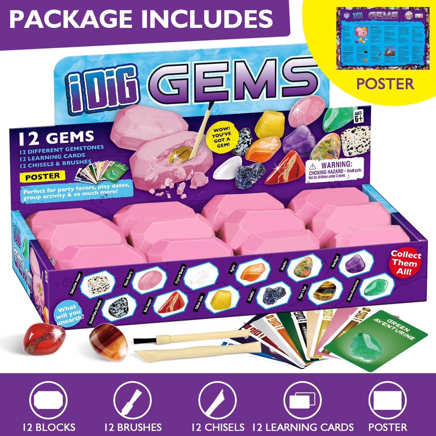 XX TOYS – Kits de excavación de piedras preciosas de 12 gemas con piedras preciosas reales, colección de minerales y rocas, kit de excavación de