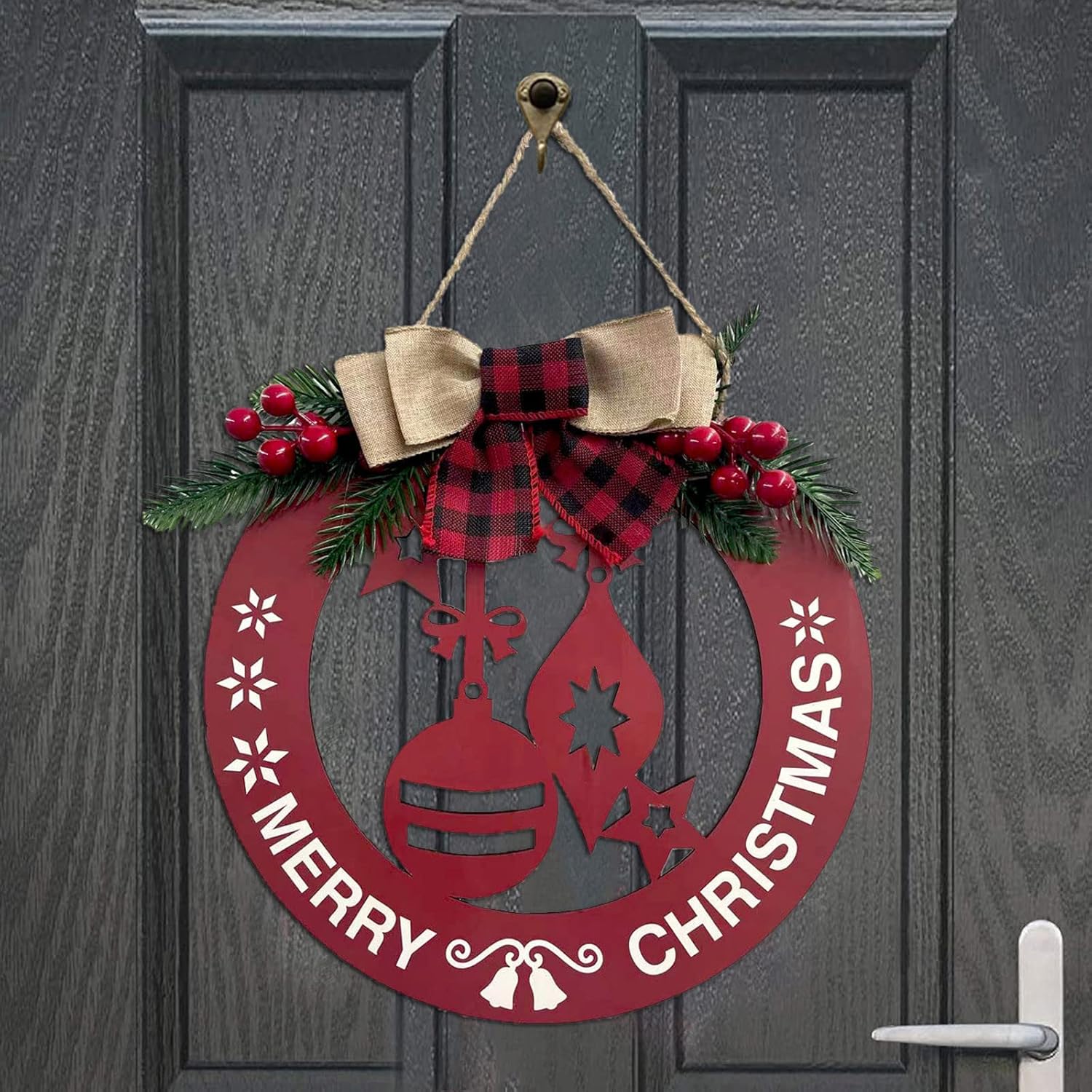 FRAKYEN Corona de madera de Navidad con nudos de lazo para decoración de puerta delantera, decoración de pared al aire libre