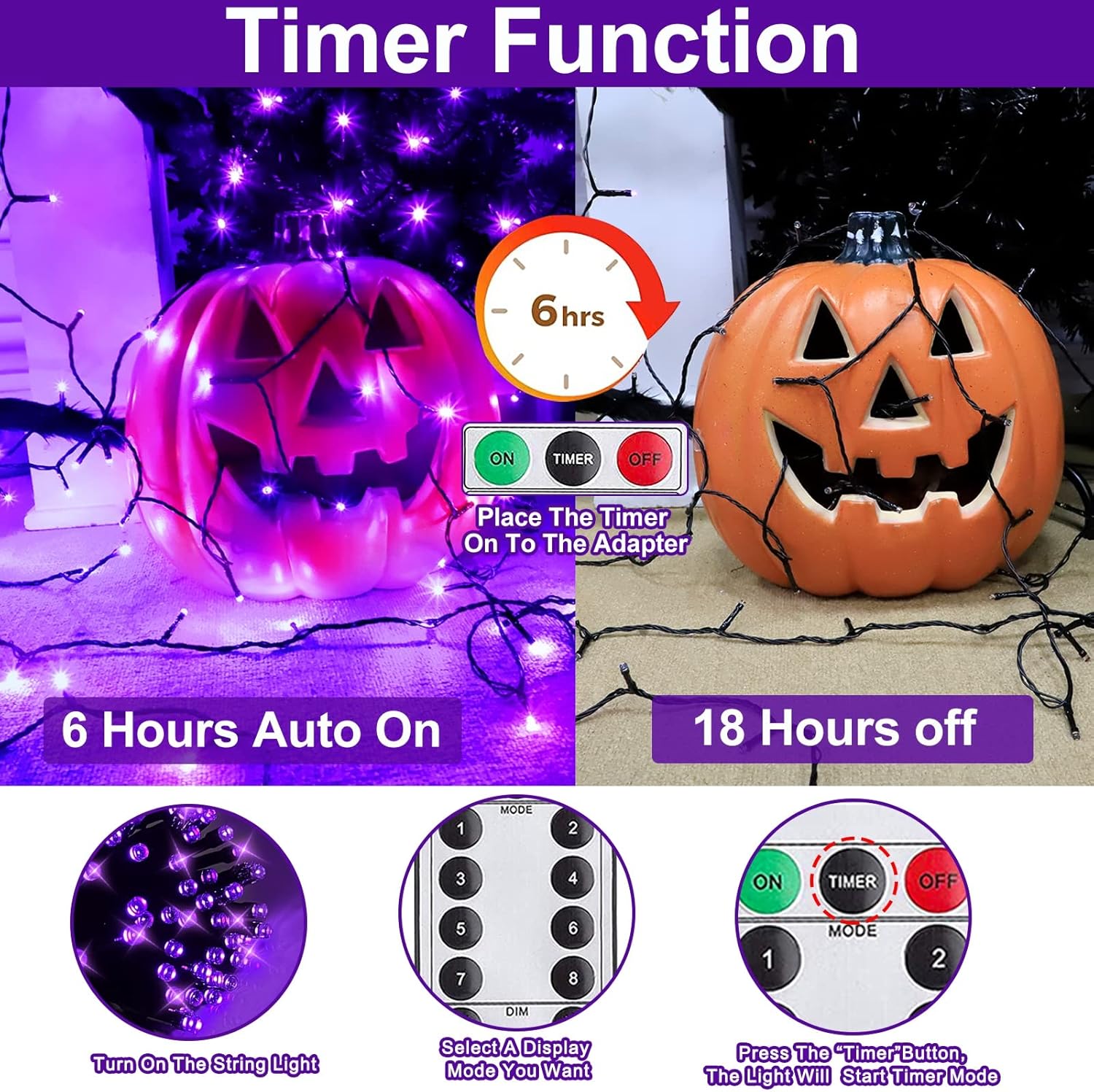 TURNMEON Tira de luces LED moradas de Halloween de 50 pies a 150 pies para exteriores, funciona con pilas, cable negro con impermeable,