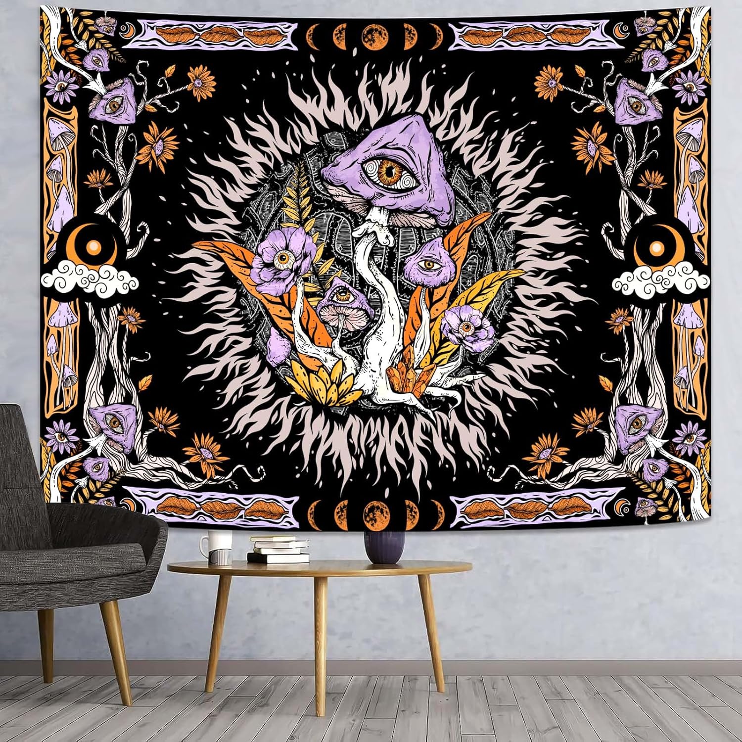 Lifeella Tapiz de hongos morados, ojos hippie con hojas florales, tapices de fase lunar para dormitorio, grunge, para colgar en la pared, 60 x 80