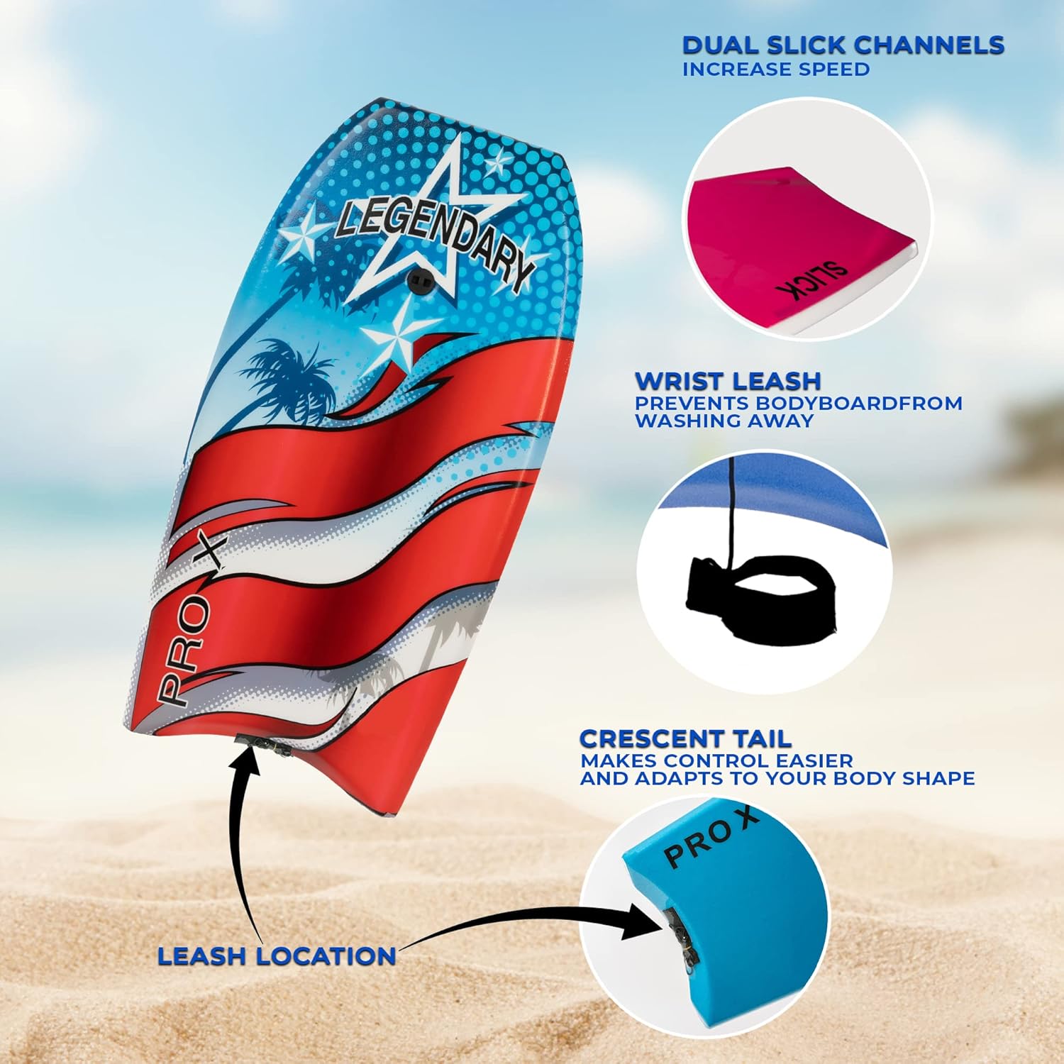 Legendary Pro X Bodyboard para playa con parte inferior dura, tablas Boogie para niños y adultos, selladas térmicamente con núcleo EPS, correa
