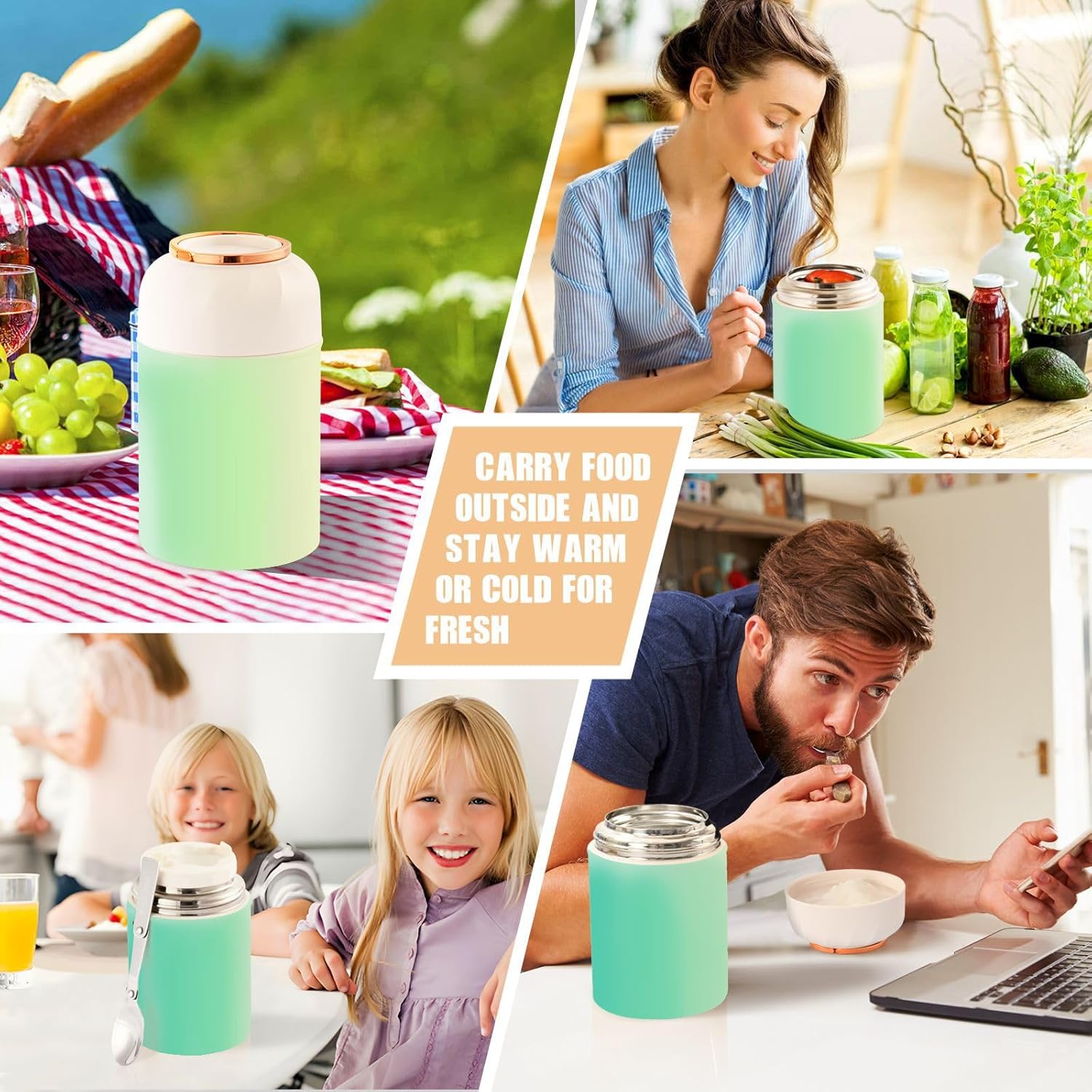 Tarro de comida verde degradado con cuchara de acero inoxidable aislado al vacío, contenedor de alimentos de 17 oz termo para adultos