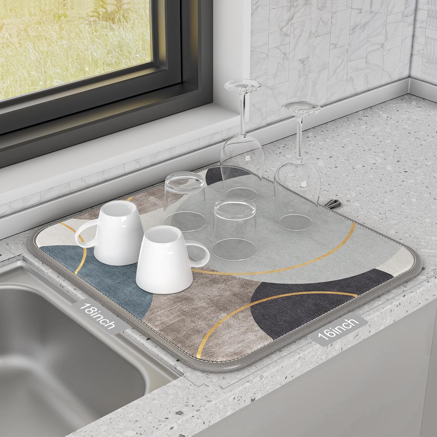 Tapete de secado de platos, tapete de secado de microfibra de estilo mármol de 16 x 18 pulgadas para encimera de cocina, almohadilla absorbente para