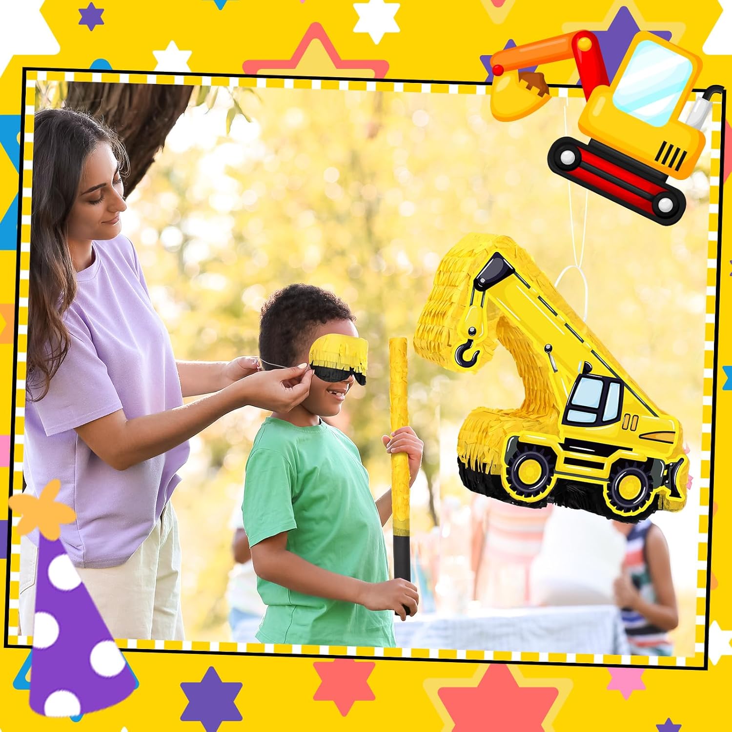 Paquete de piñata para camión de construcción, piñata, excavadora, con palo, confeti, piñata de construcción, piñata grande de cumpleaños para
