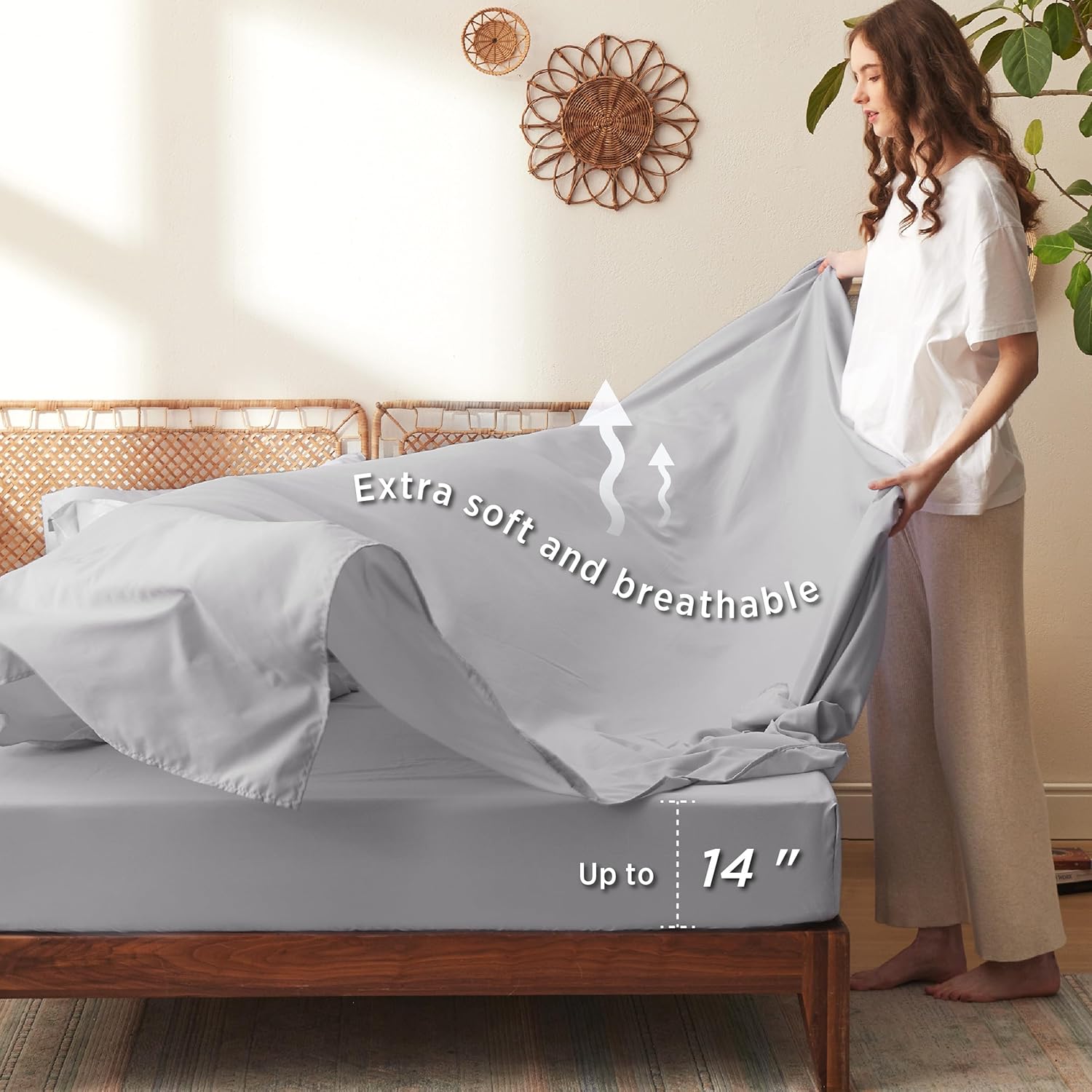 Bedsure Juego de edredón King  7 piezas de ropa de cama gris floral en una bolsa con edredón reversible de flores botánicas, sábanas, fundas de