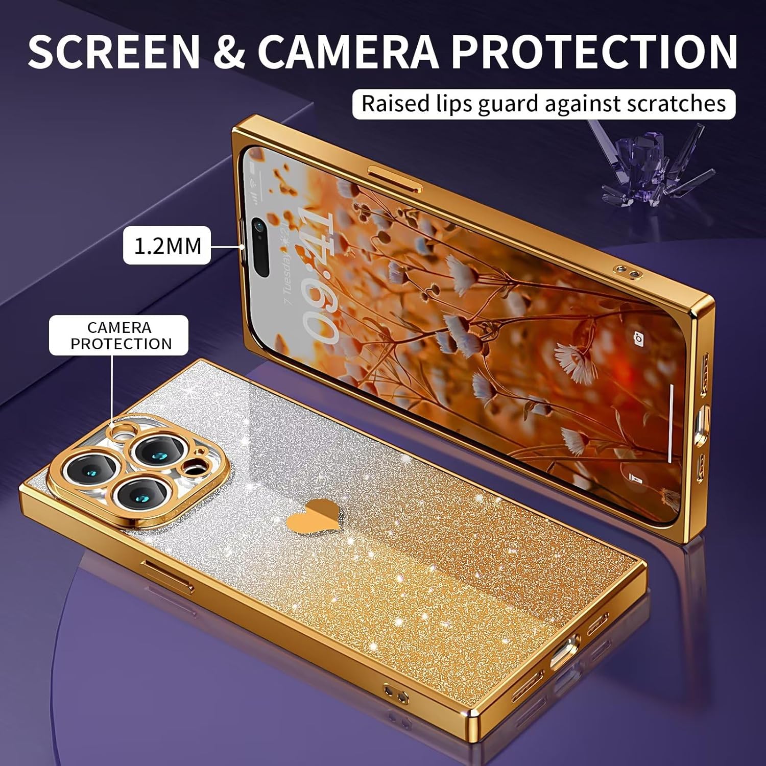 Tzomsze Funda compatible con iPhone 15 Pro con purpurina degradado, transparente y brillante con bonito patrón de corazón, protección completa de