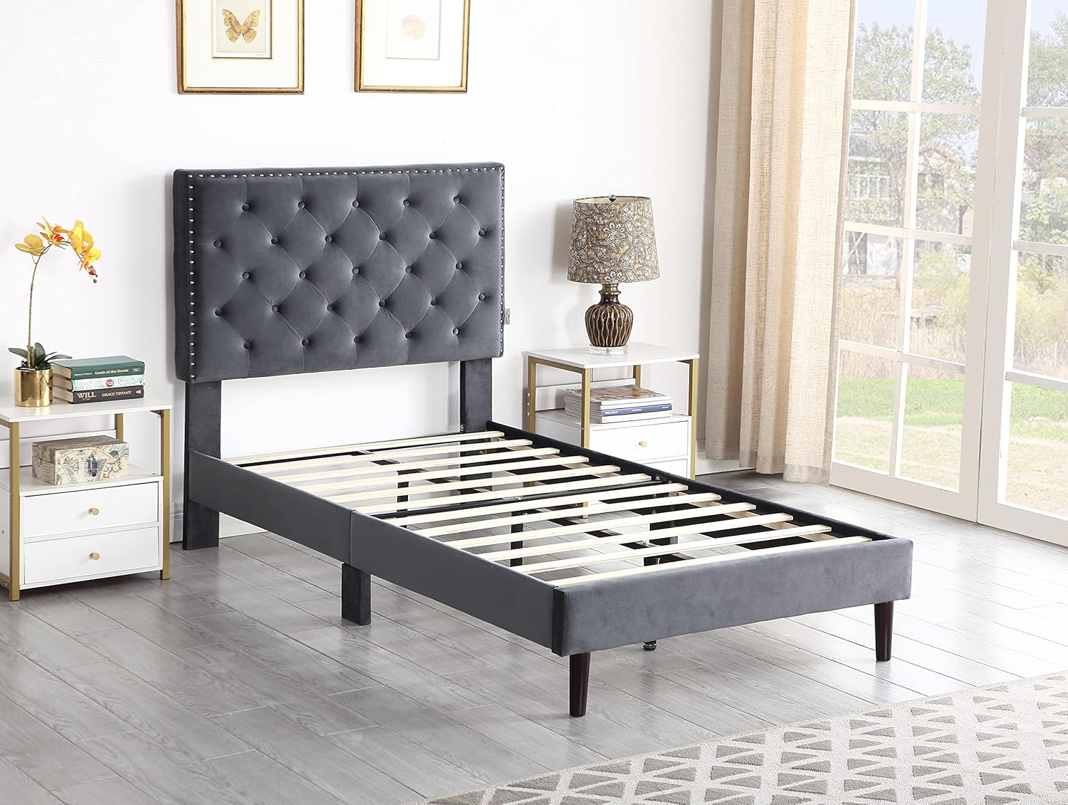 Base de cama de plataforma tapizada individual con cabecero ajustable de 48 pulgadas de alto, cama de terciopelo de gamuza copetuda con botones,
